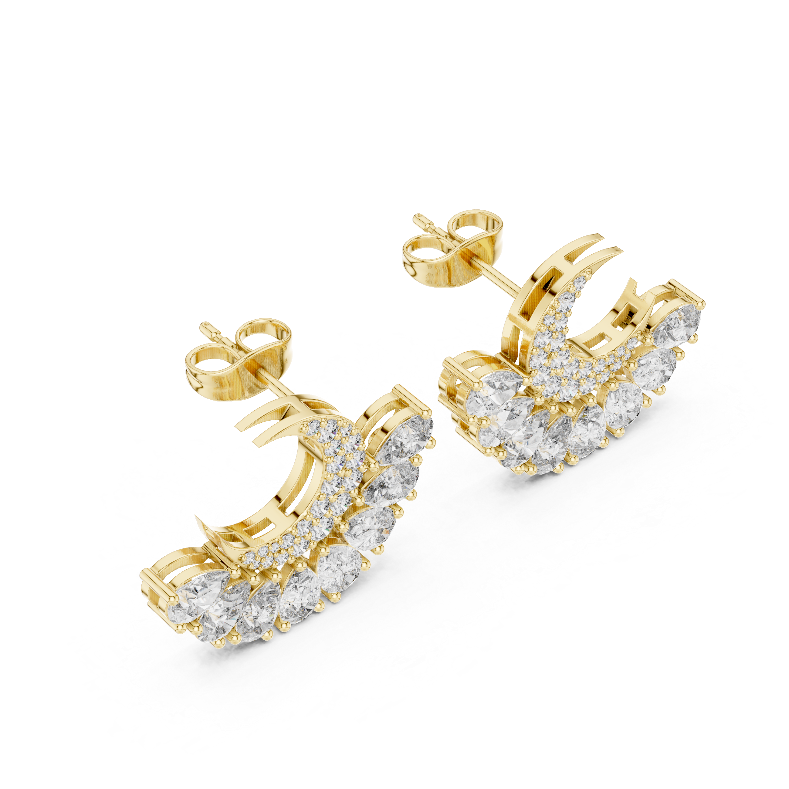 Crescent Moon Diamond Earrings – Pear Drop Cluster with Pavé Detail