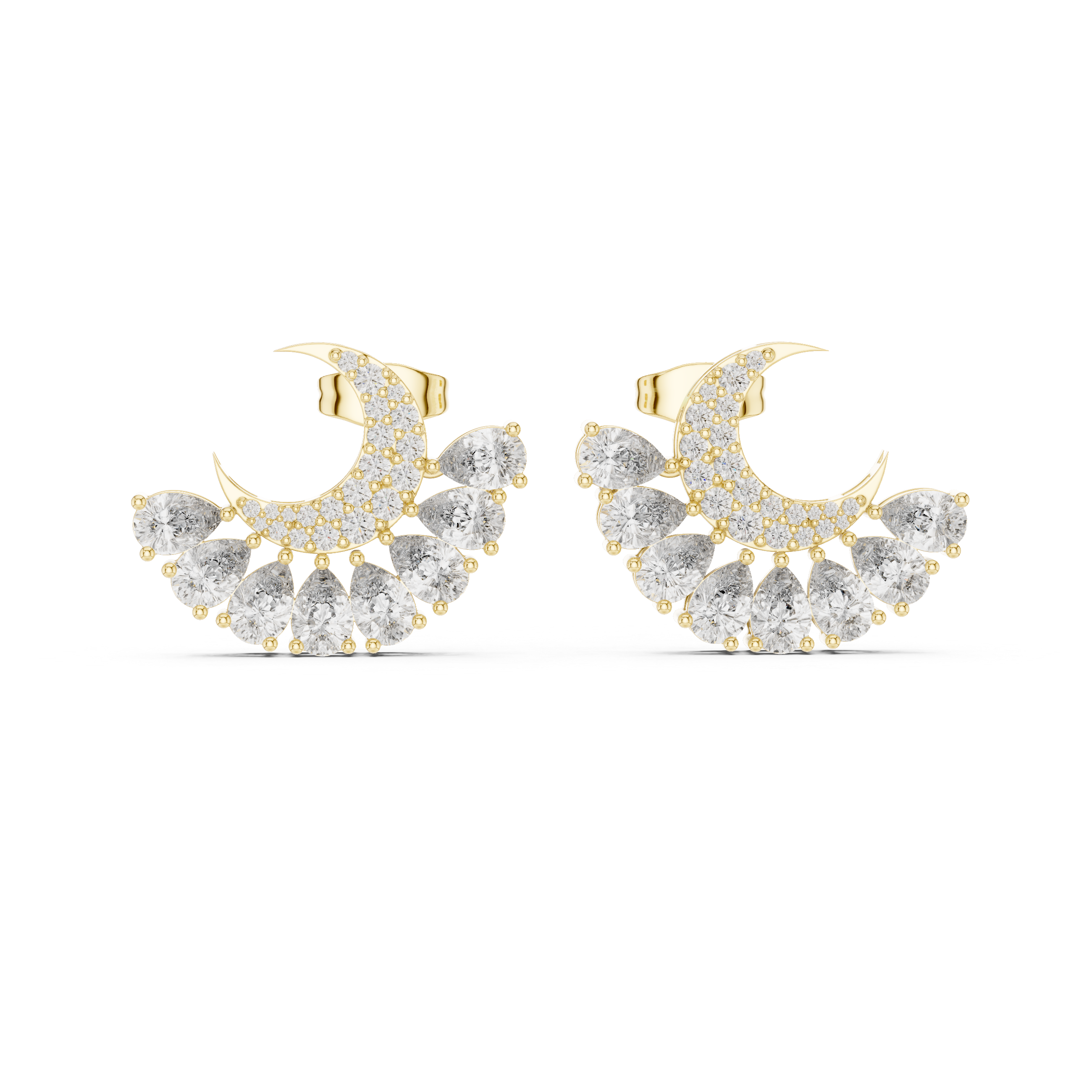Crescent Moon Diamond Earrings – Pear Drop Cluster with Pavé Detail