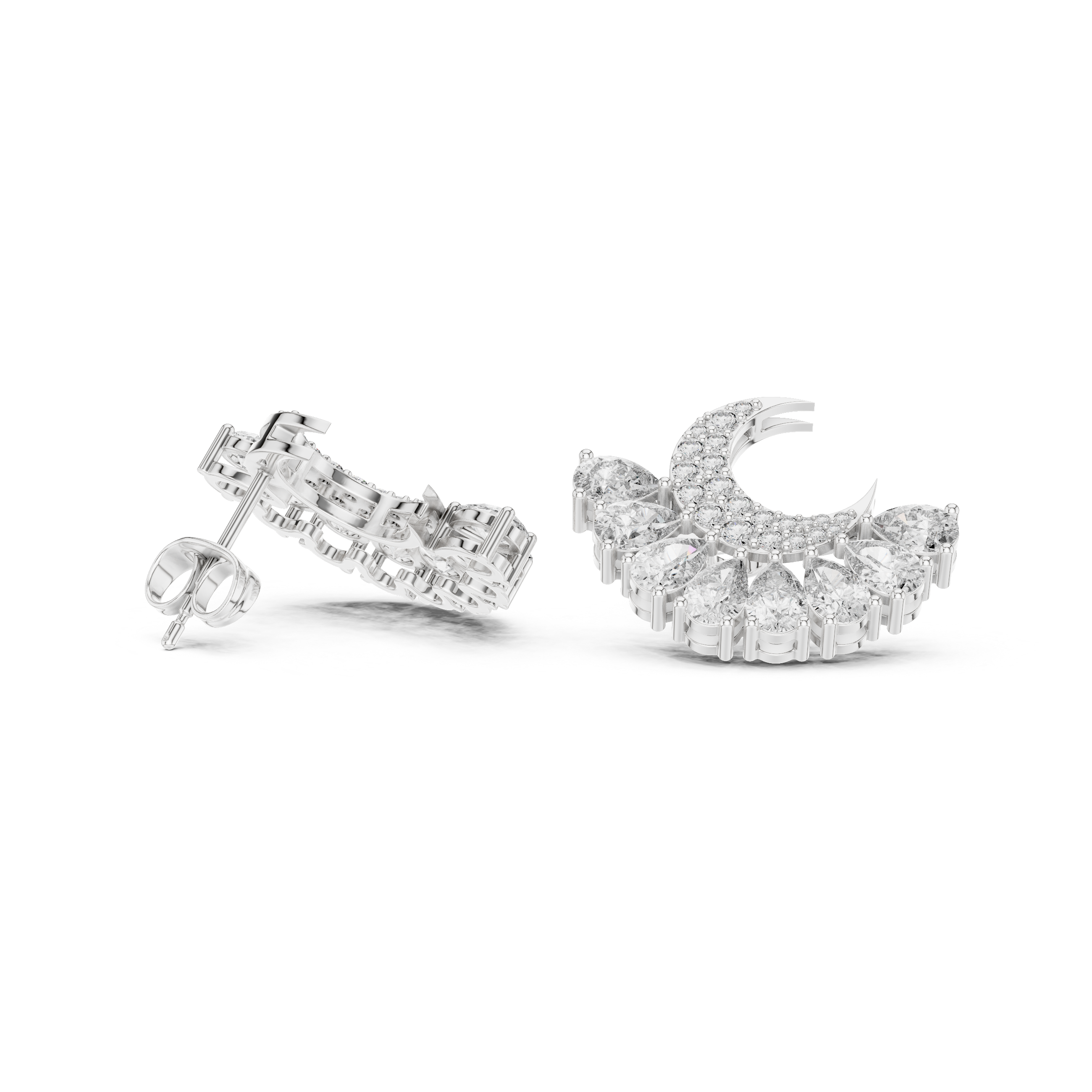 Crescent Moon Diamond Earrings – Pear Drop Cluster with Pavé Detail