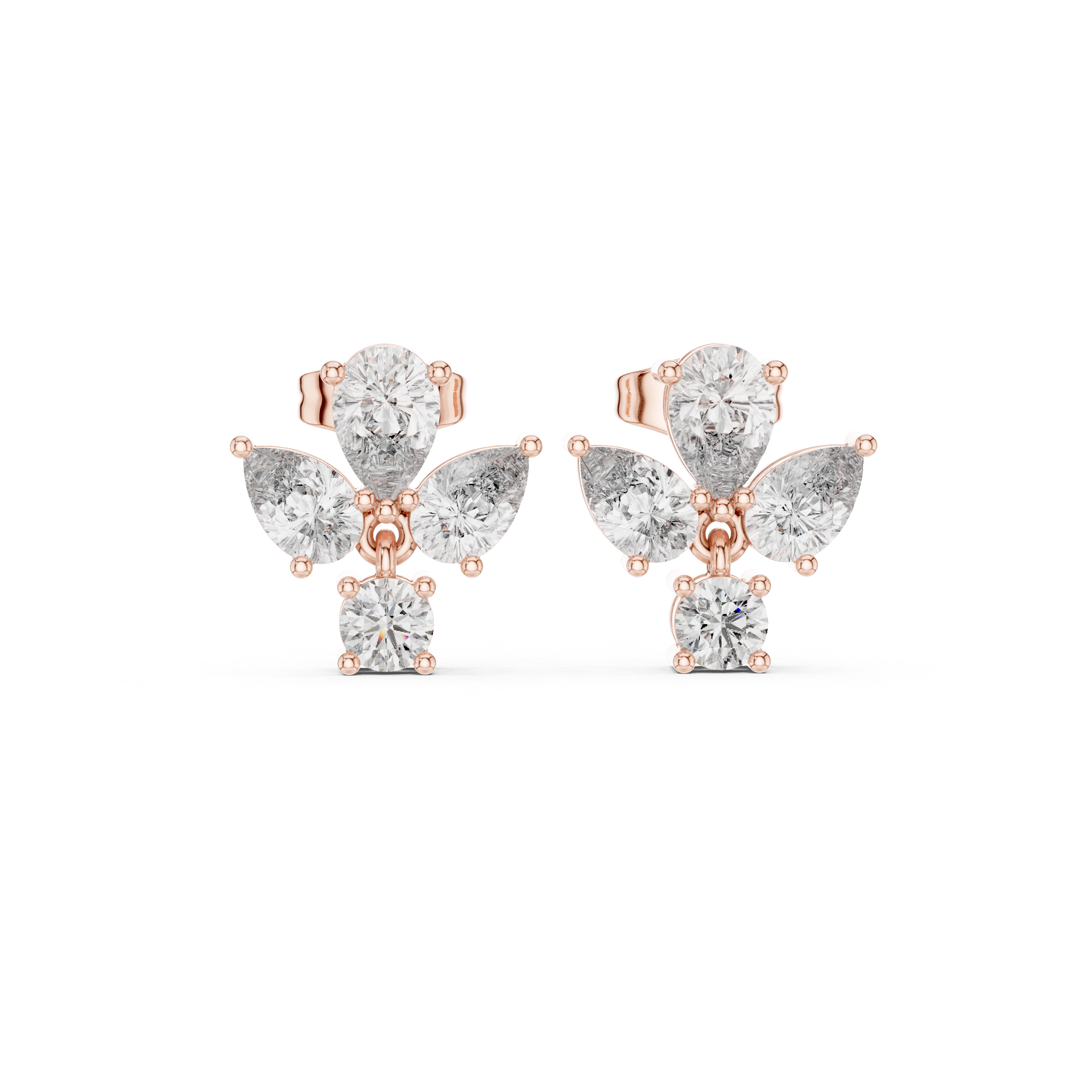 Pear & Round Diamond Drop Stud Earrings – Floral Cluster with Dangle Accent