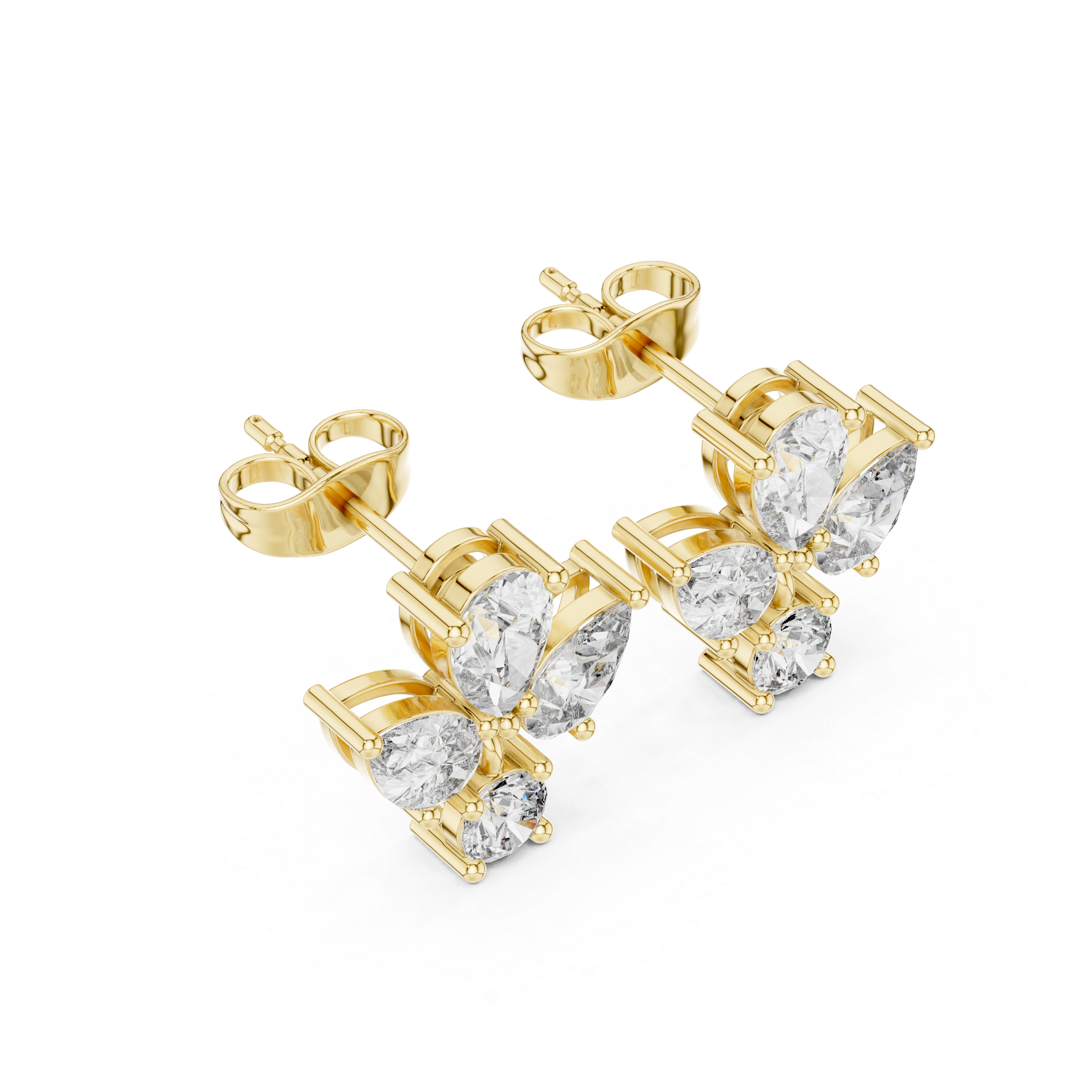Pear & Round Diamond Drop Stud Earrings – Floral Cluster with Dangle Accent
