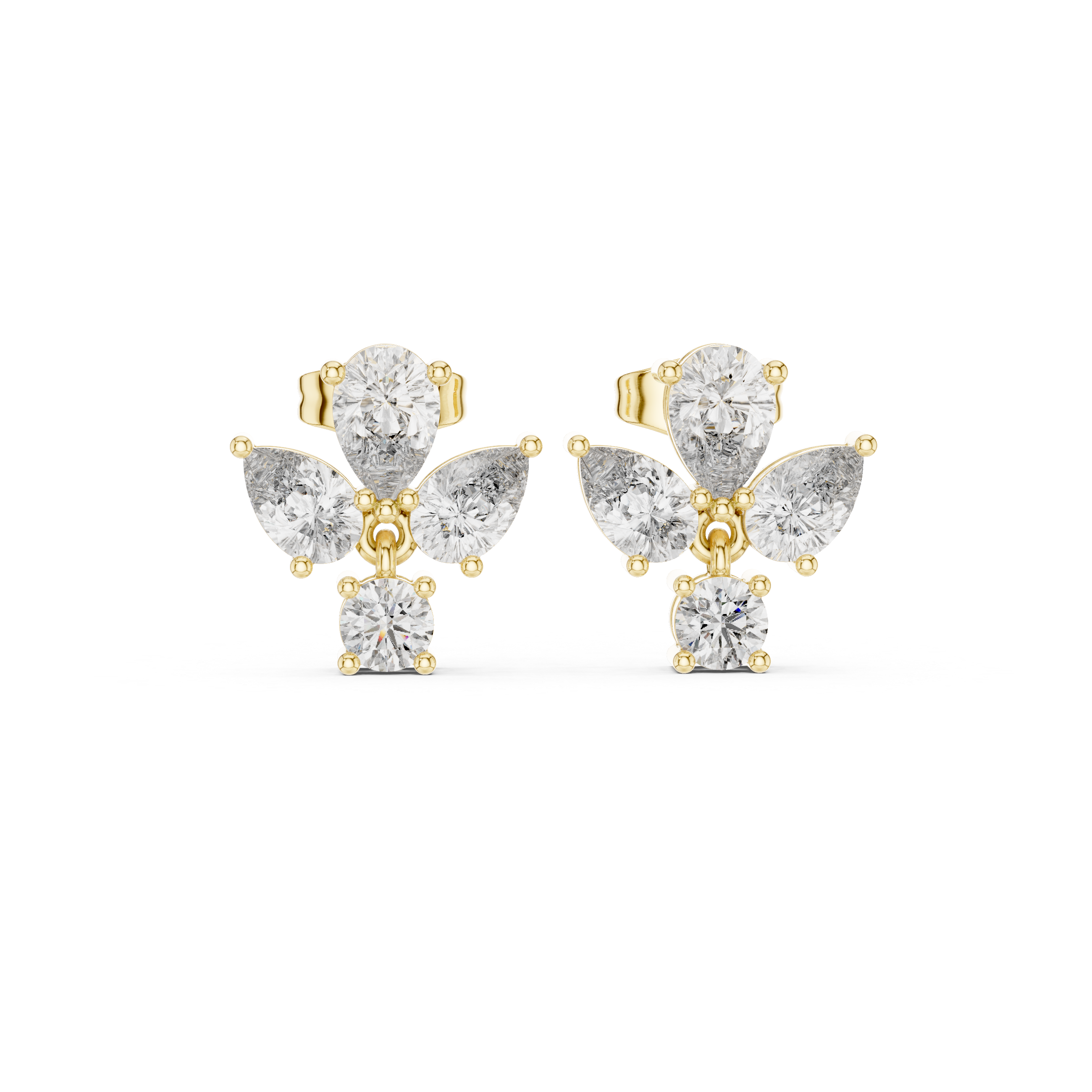 Pear & Round Diamond Drop Stud Earrings – Floral Cluster with Dangle Accent