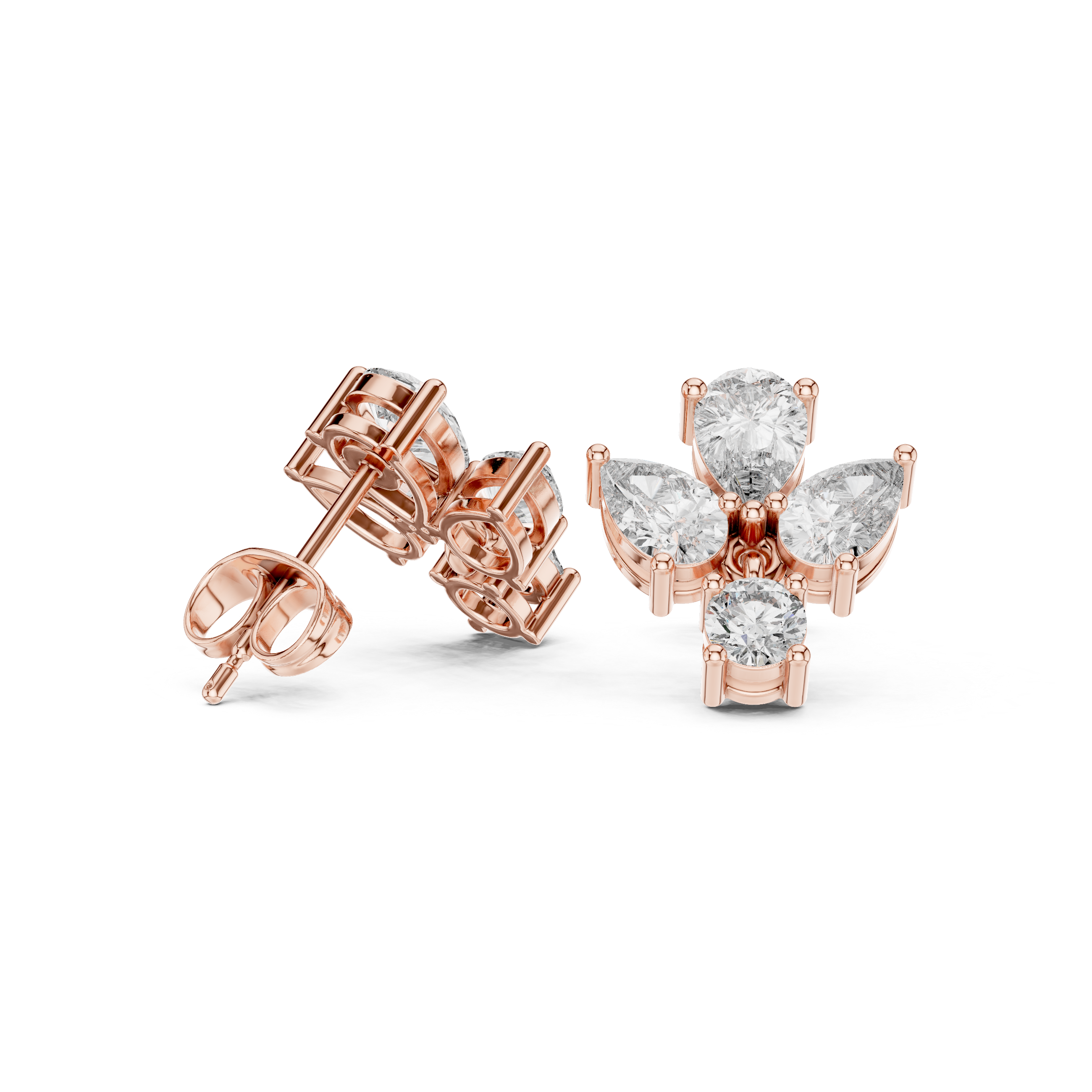 Pear & Round Diamond Drop Stud Earrings – Floral Cluster with Dangle Accent