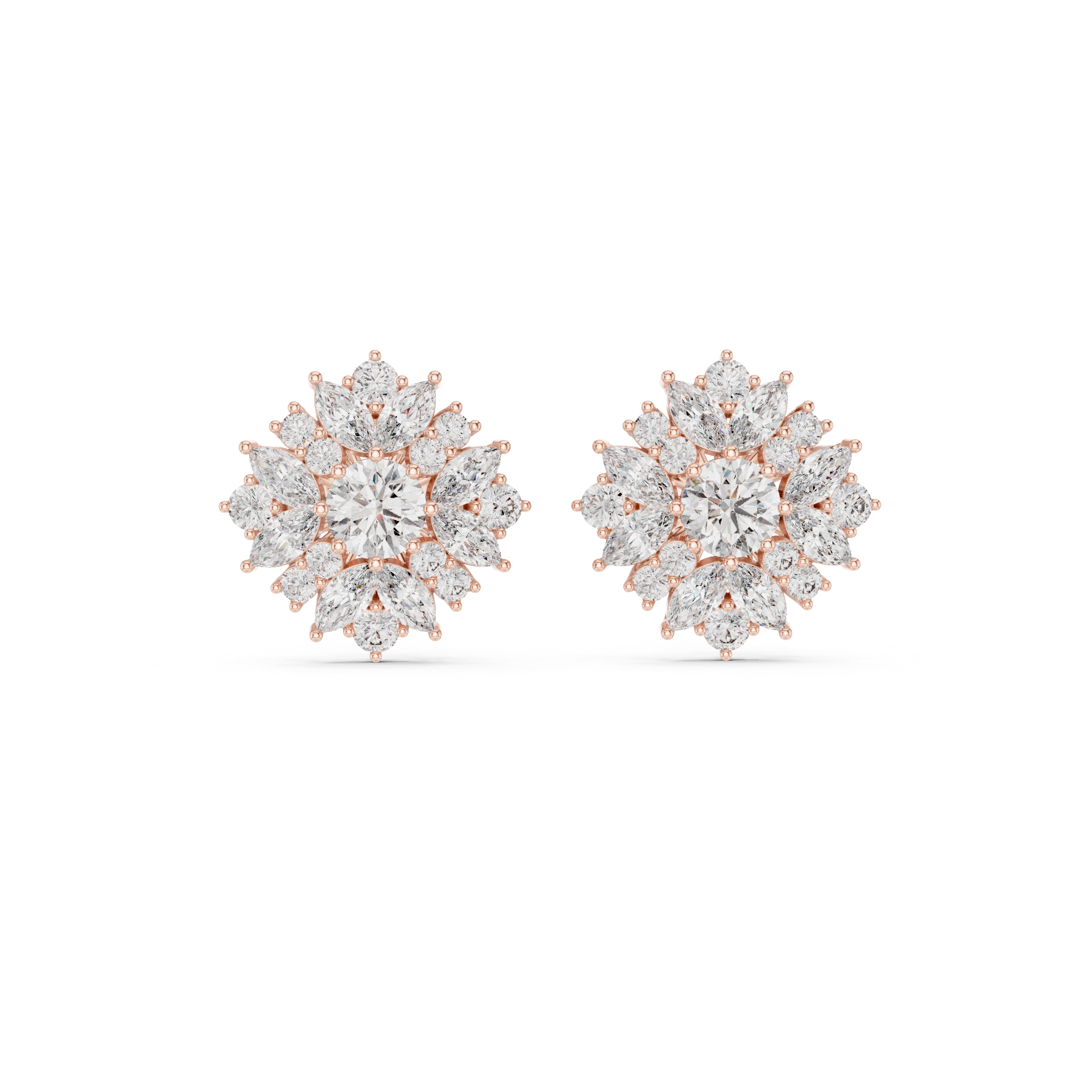 Sunburst Floral Diamond Stud Earrings with Multi-Cut Halo