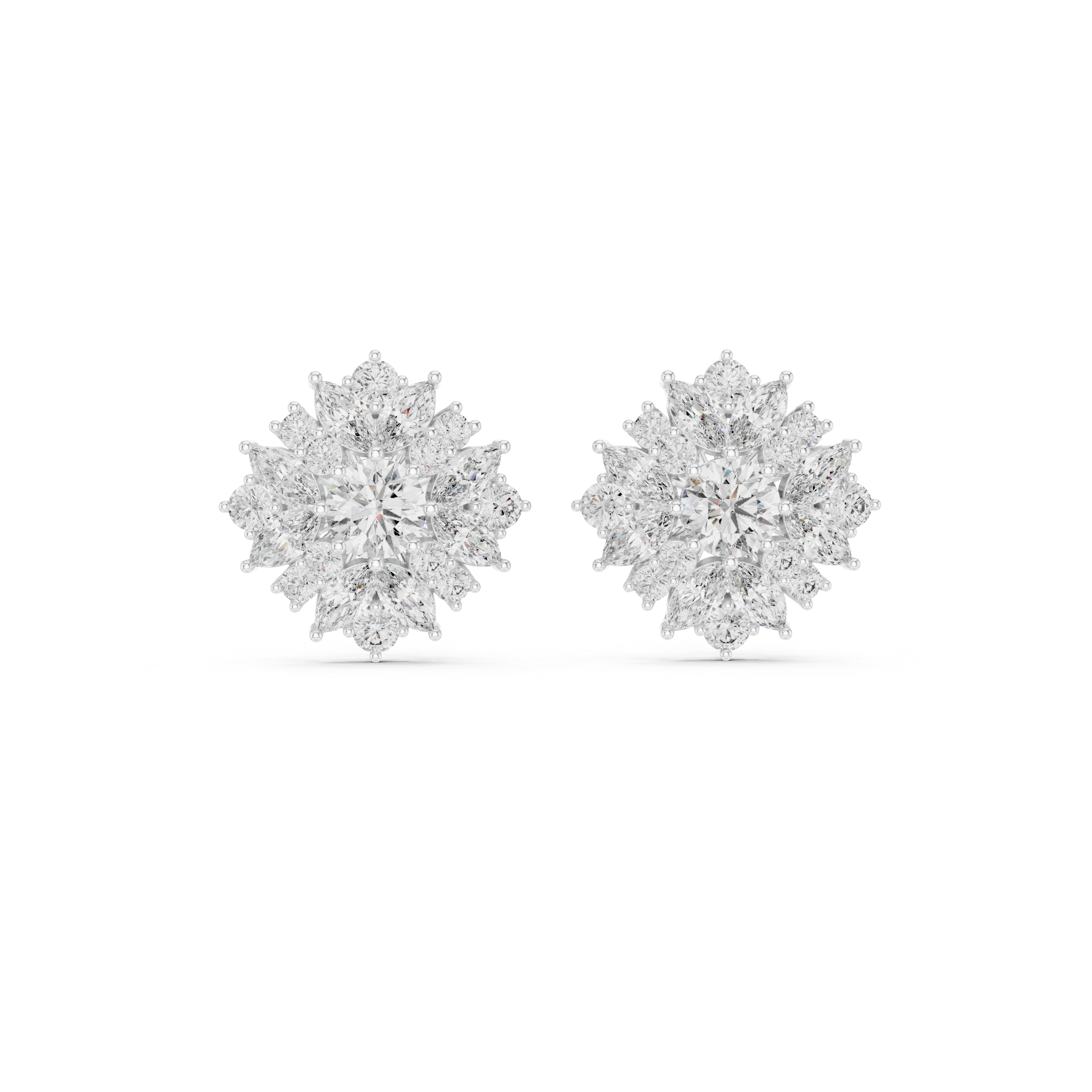 Sunburst Floral Diamond Stud Earrings with Multi-Cut Halo