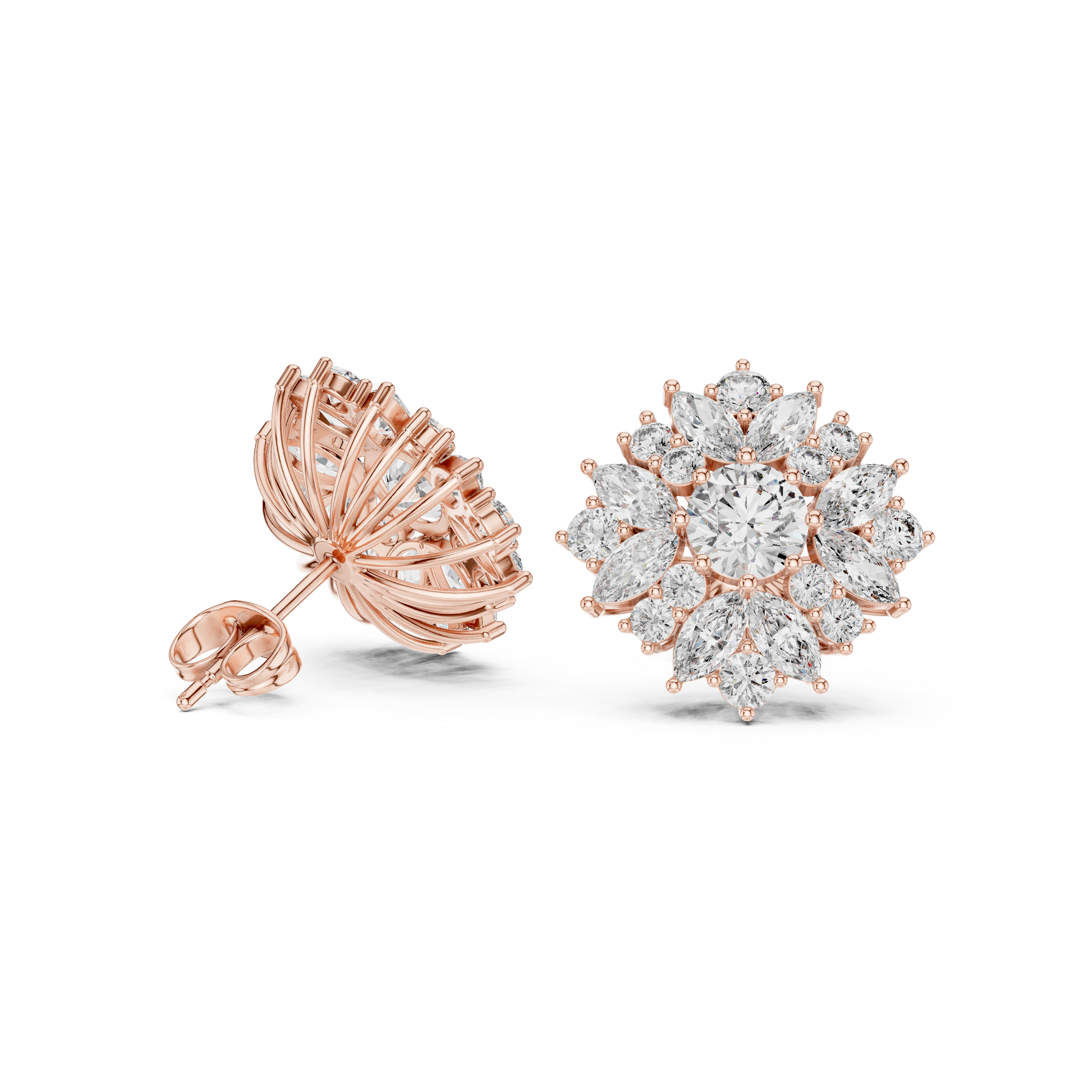 Sunburst Floral Diamond Stud Earrings with Multi-Cut Halo