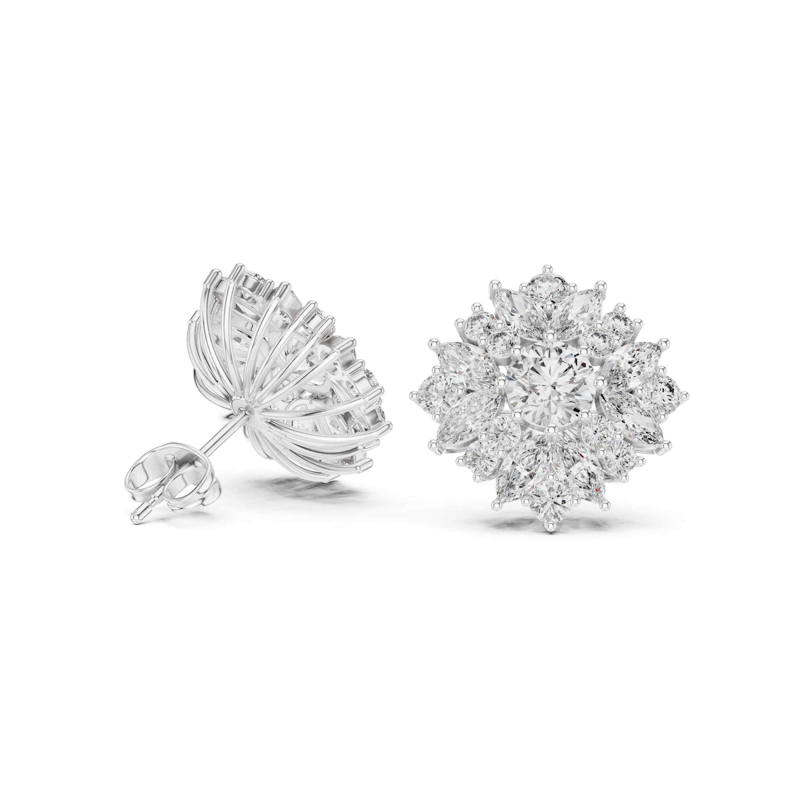 Sunburst Floral Diamond Stud Earrings with Multi-Cut Halo