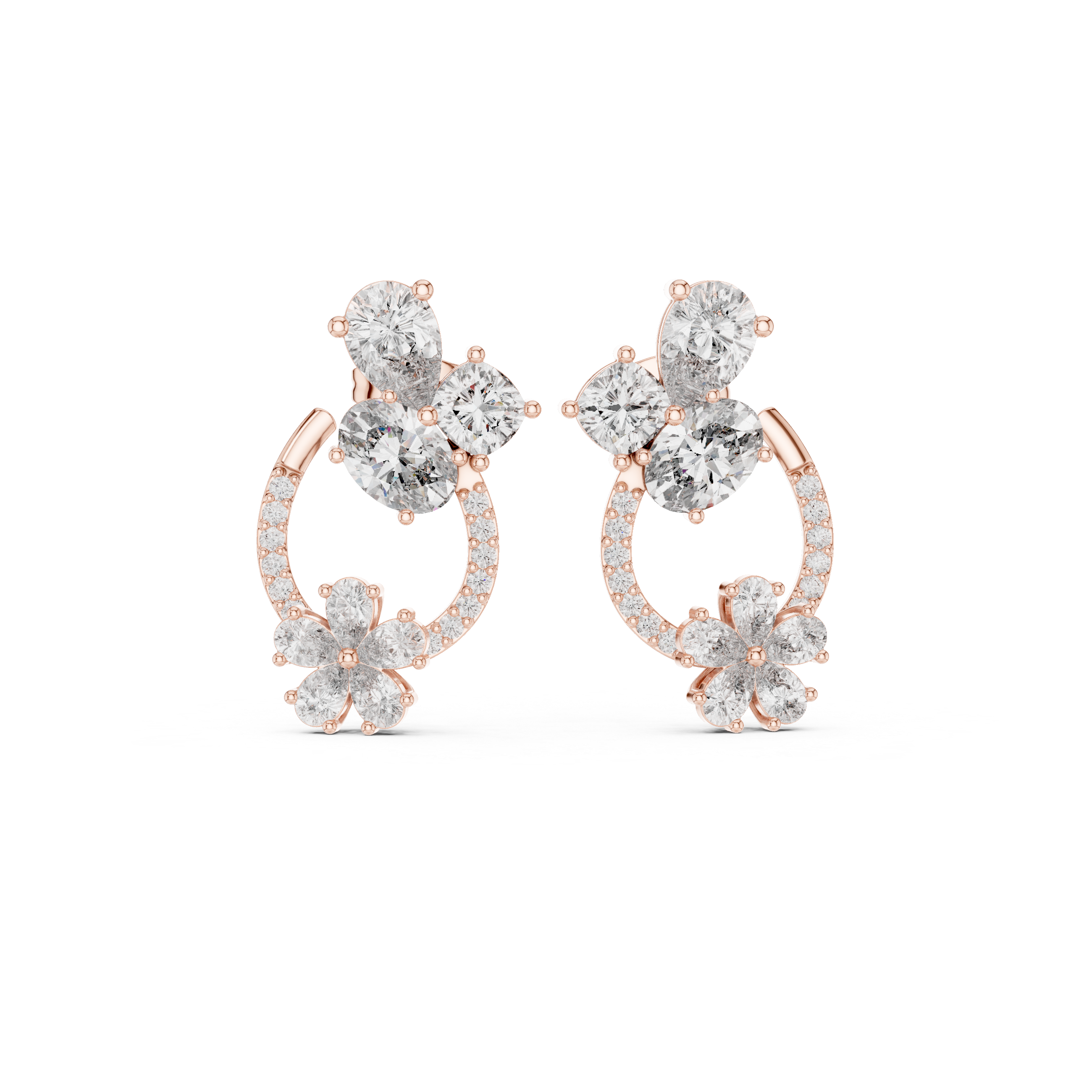 Floral Hoop Drop Diamond Earrings with Multi-Shape Cluster Design
