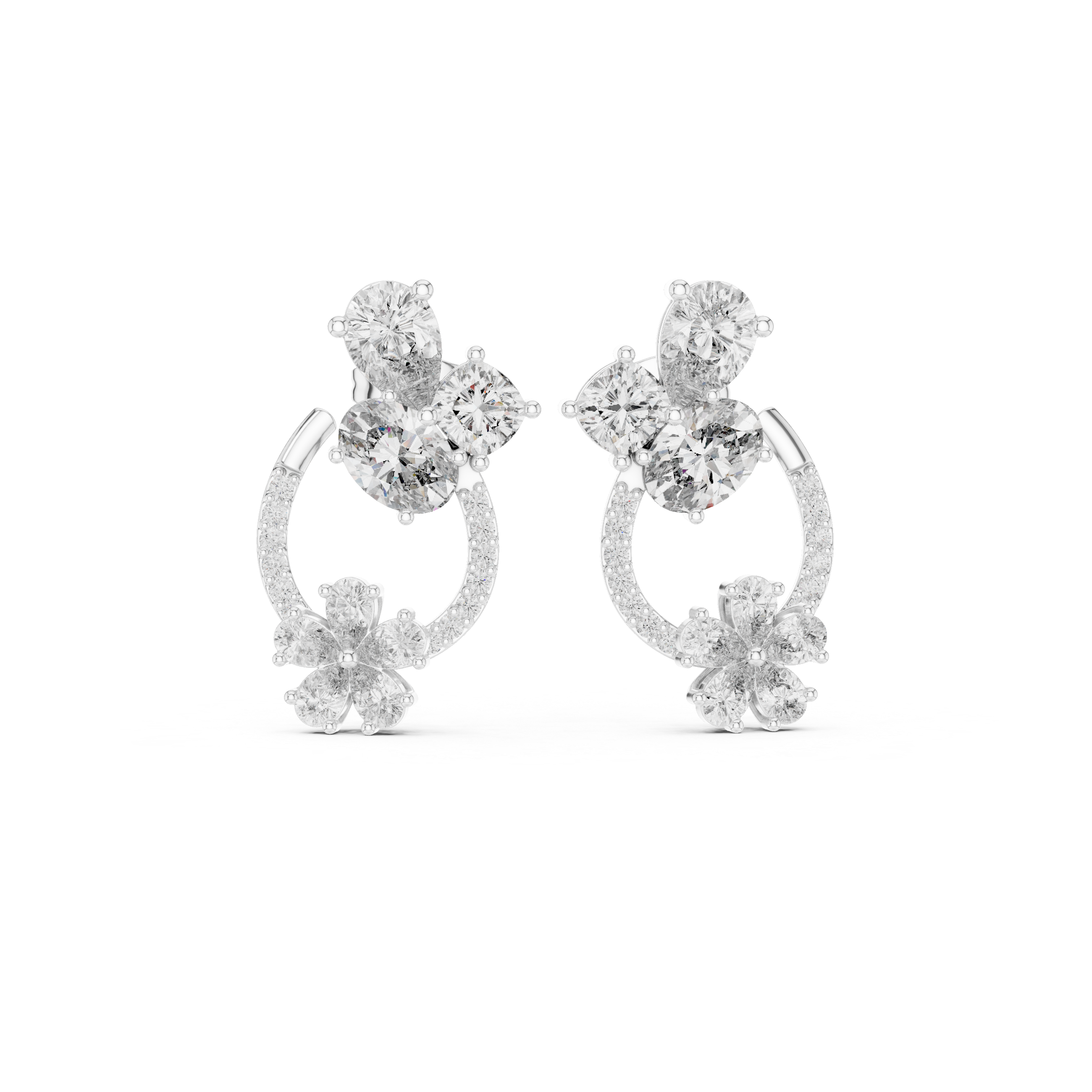 Floral Hoop Drop Diamond Earrings with Multi-Shape Cluster Design