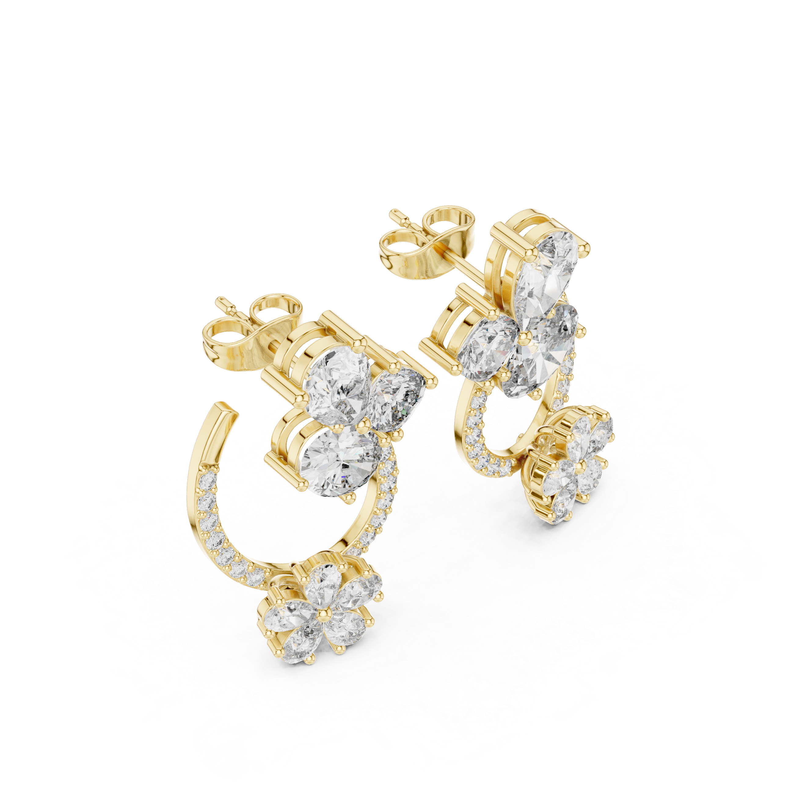 Floral Hoop Drop Diamond Earrings with Multi-Shape Cluster Design