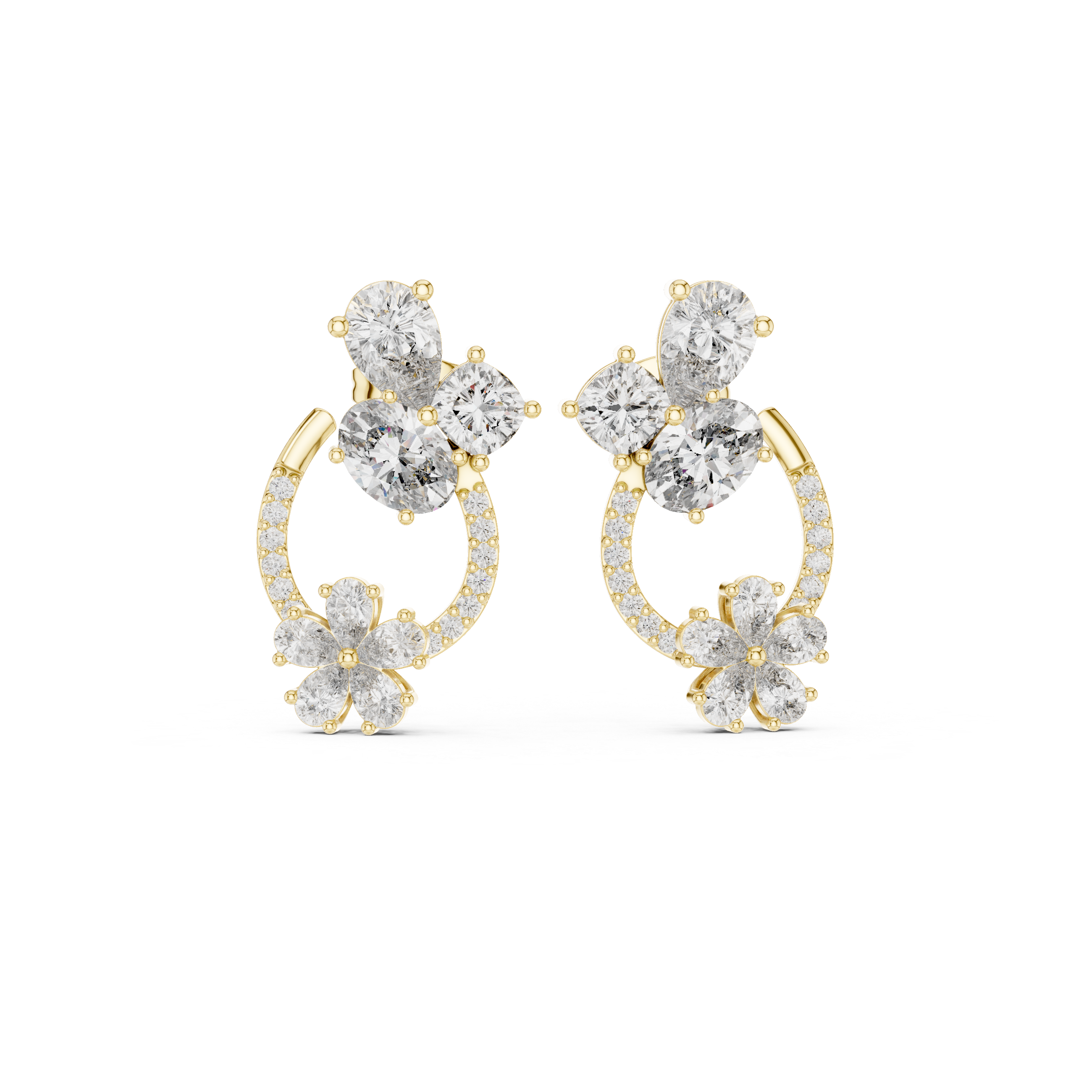 Floral Hoop Drop Diamond Earrings with Multi-Shape Cluster Design
