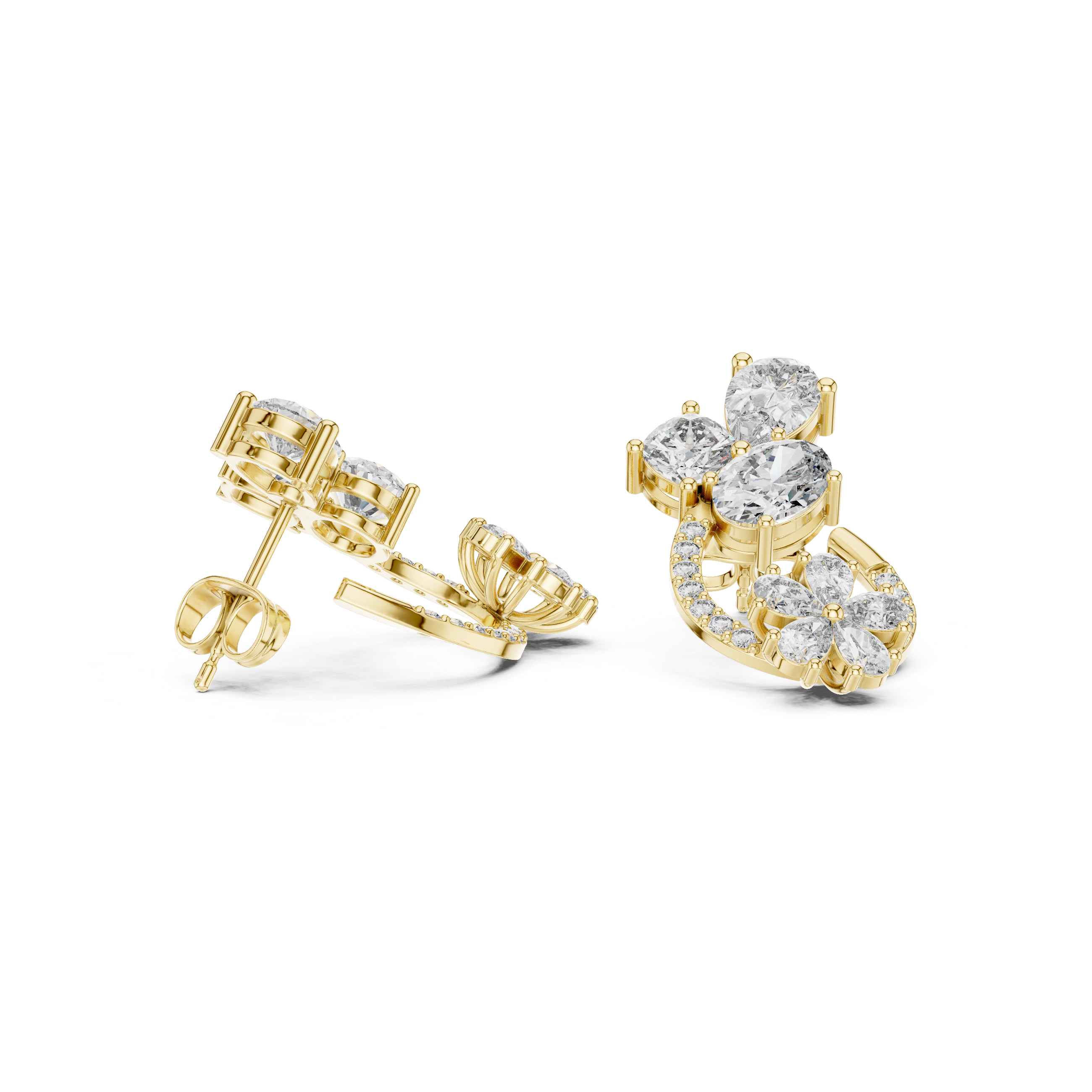 Floral Hoop Drop Diamond Earrings with Multi-Shape Cluster Design
