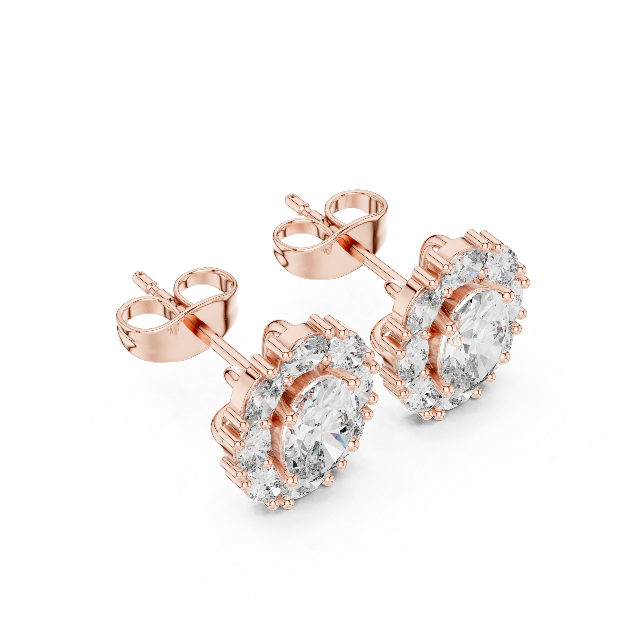 Oval Halo Diamond Stud Earrings with Classic Cluster Setting