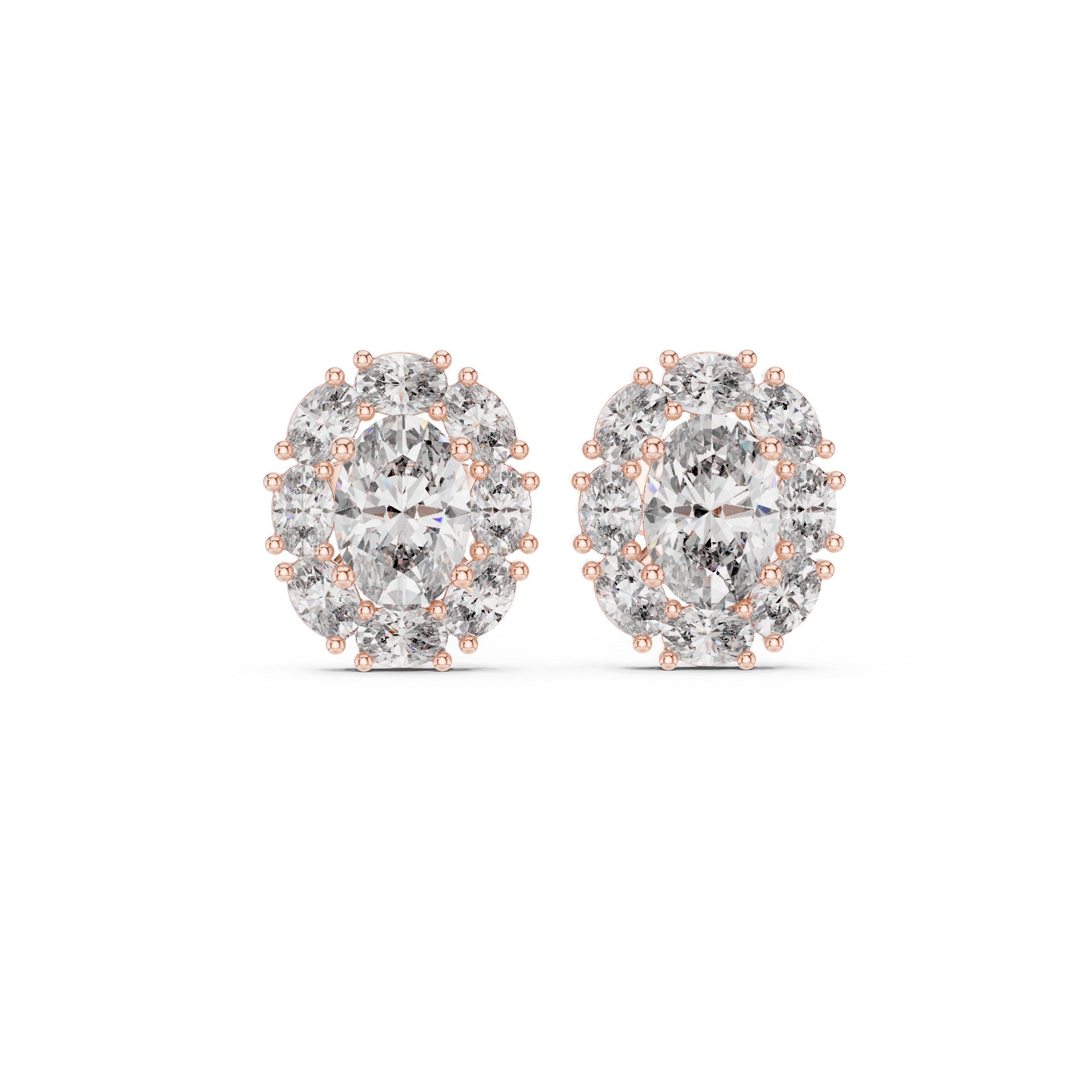 Oval Halo Diamond Stud Earrings with Classic Cluster Setting