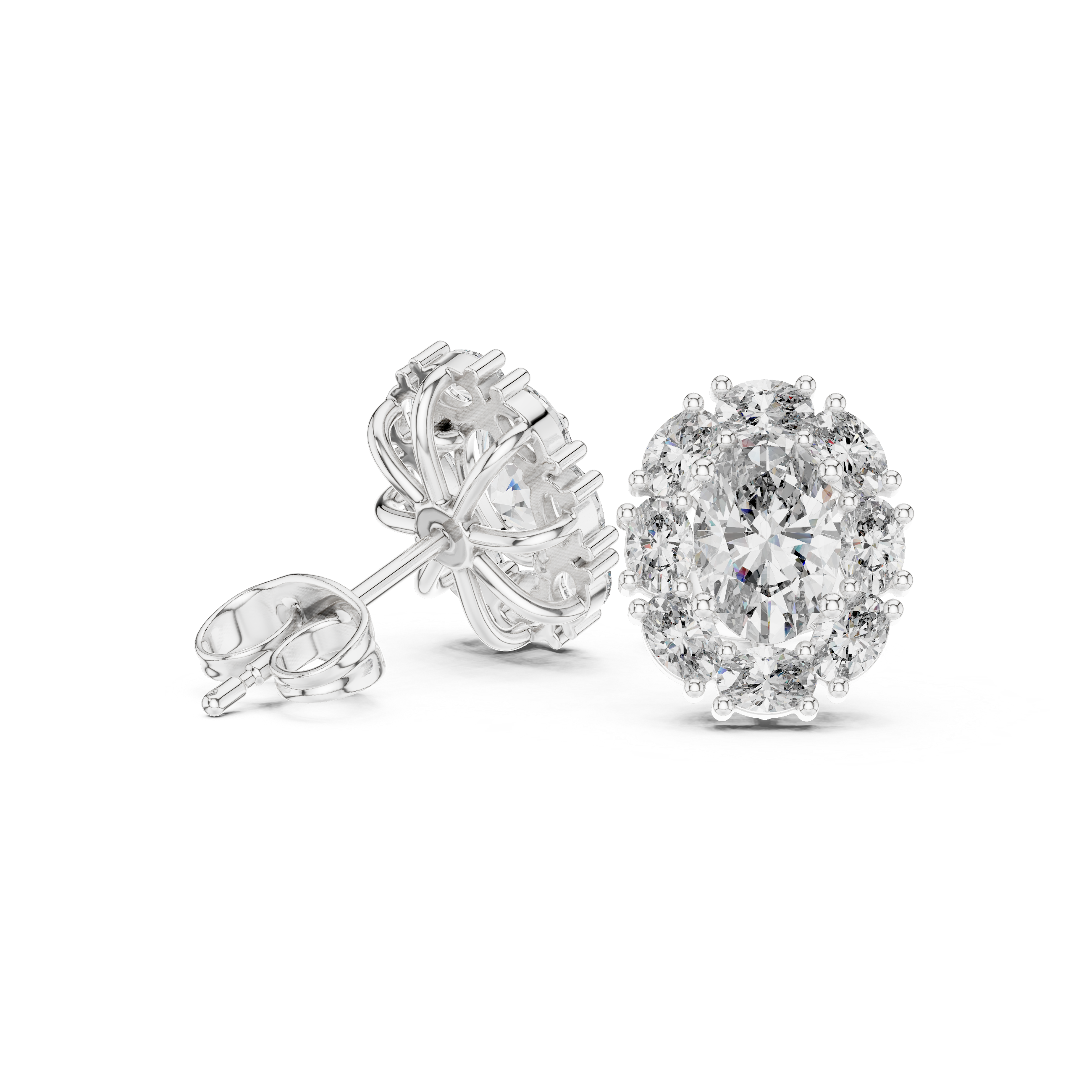 Oval Halo Diamond Stud Earrings with Classic Cluster Setting