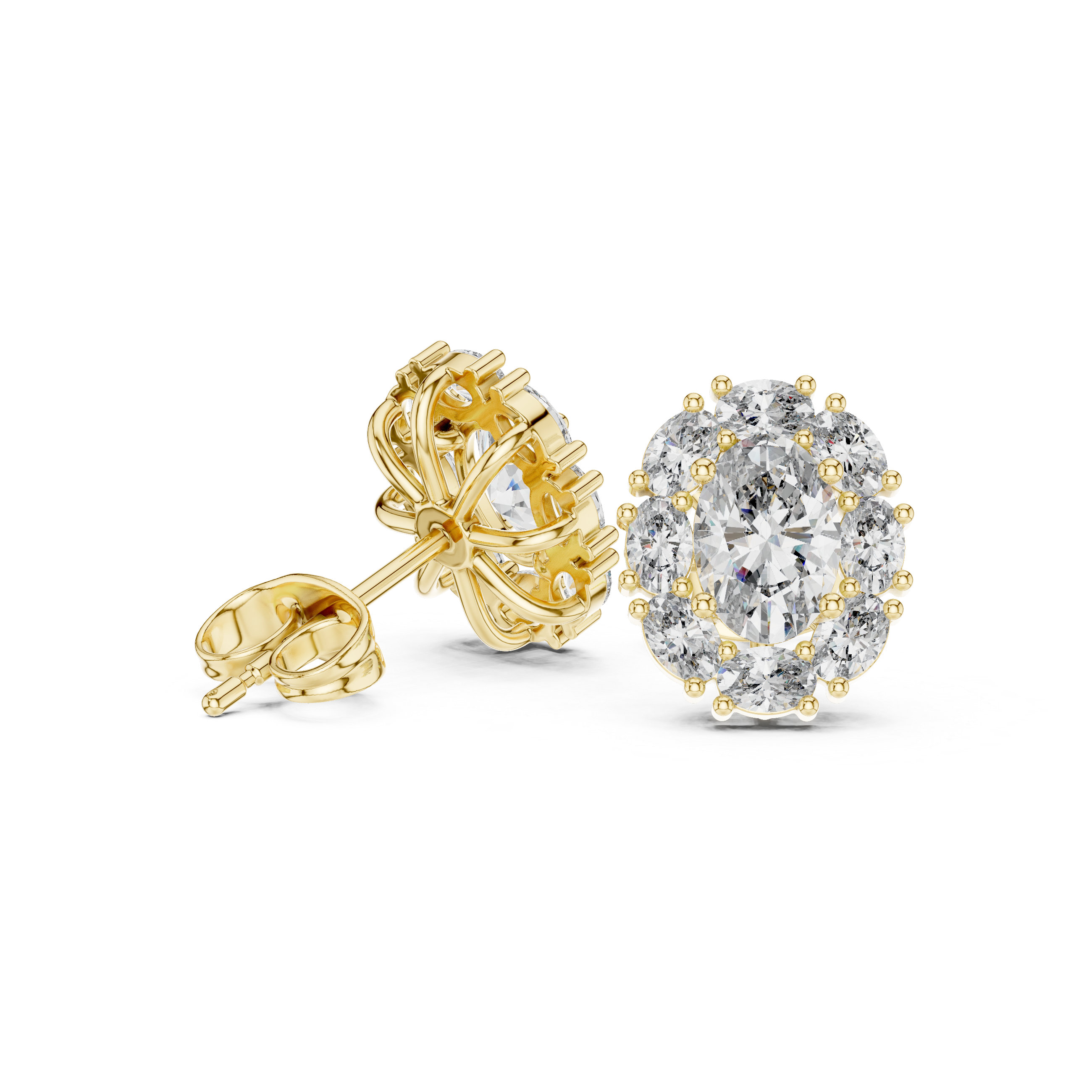 Oval Halo Diamond Stud Earrings with Classic Cluster Setting