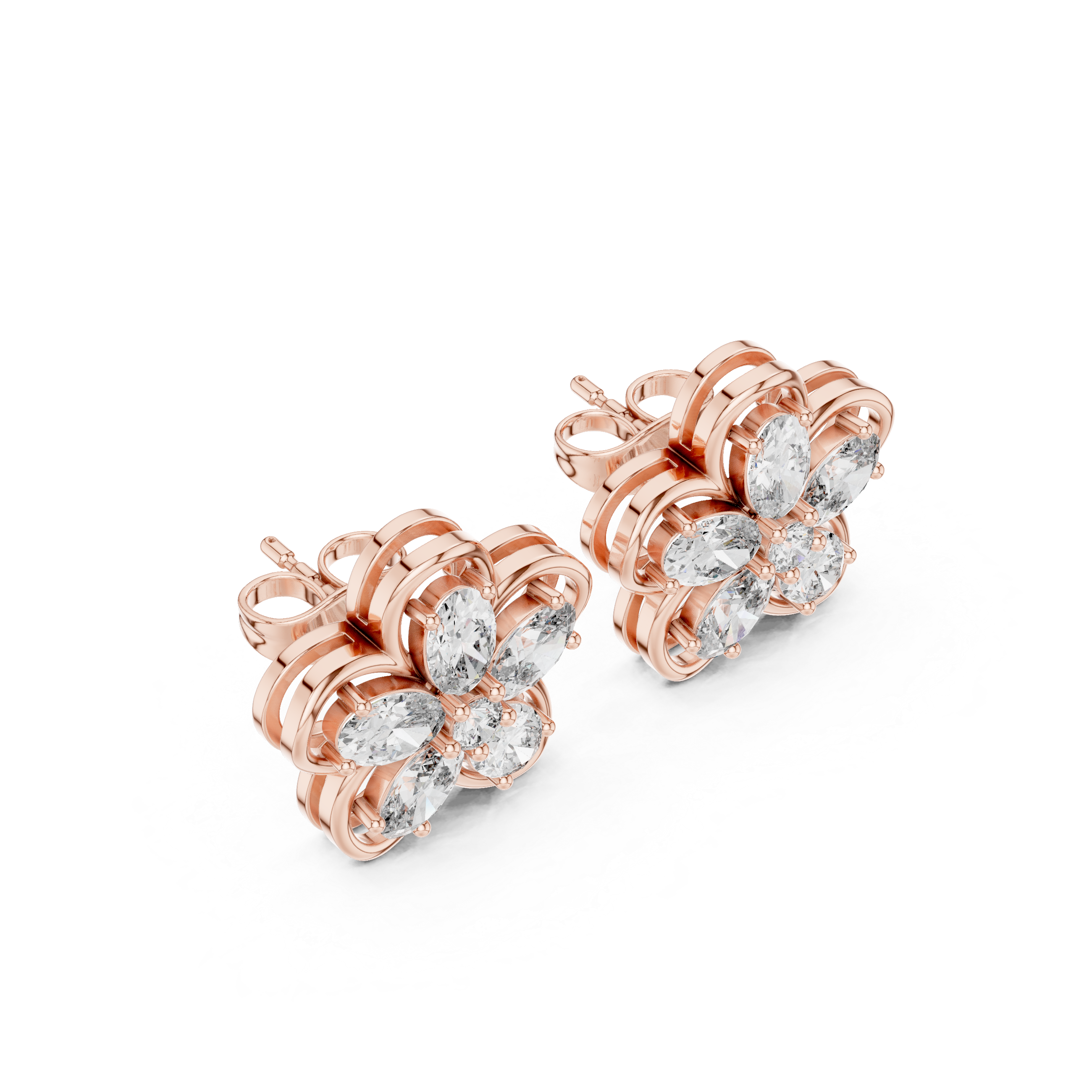 Oval Petal Floral Diamond Stud Earrings in Gold