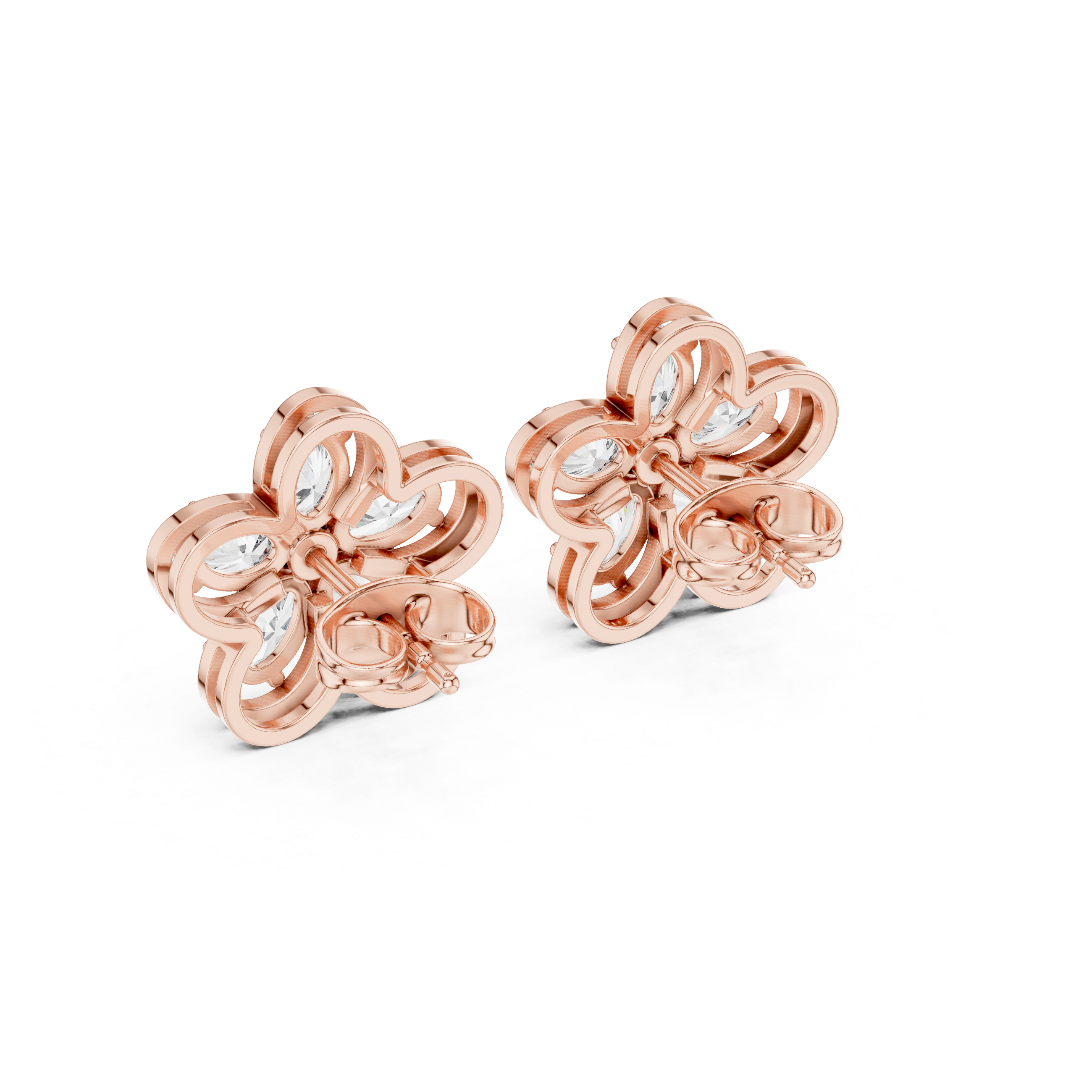Oval Petal Floral Diamond Stud Earrings in Gold