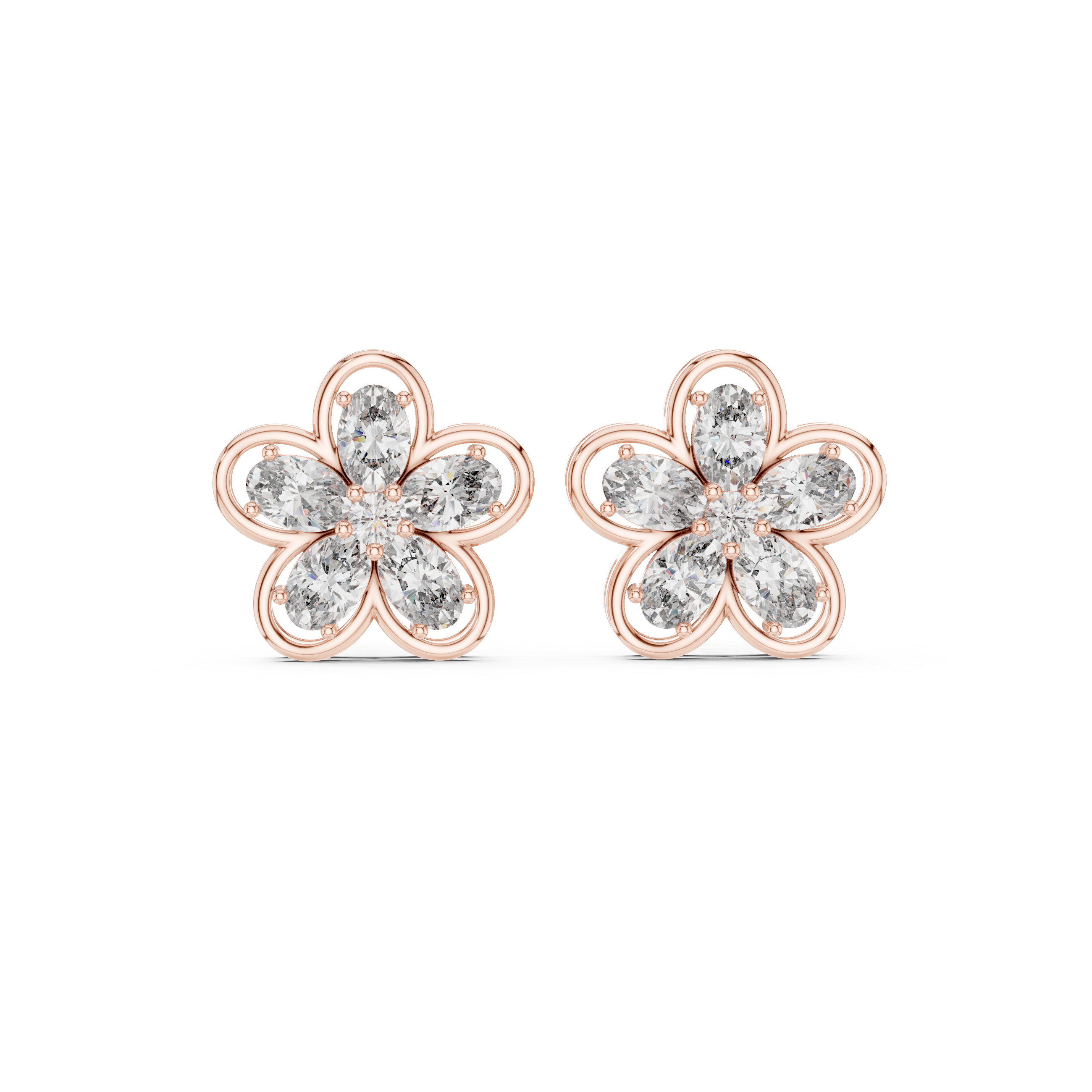 Oval Petal Floral Diamond Stud Earrings in Gold