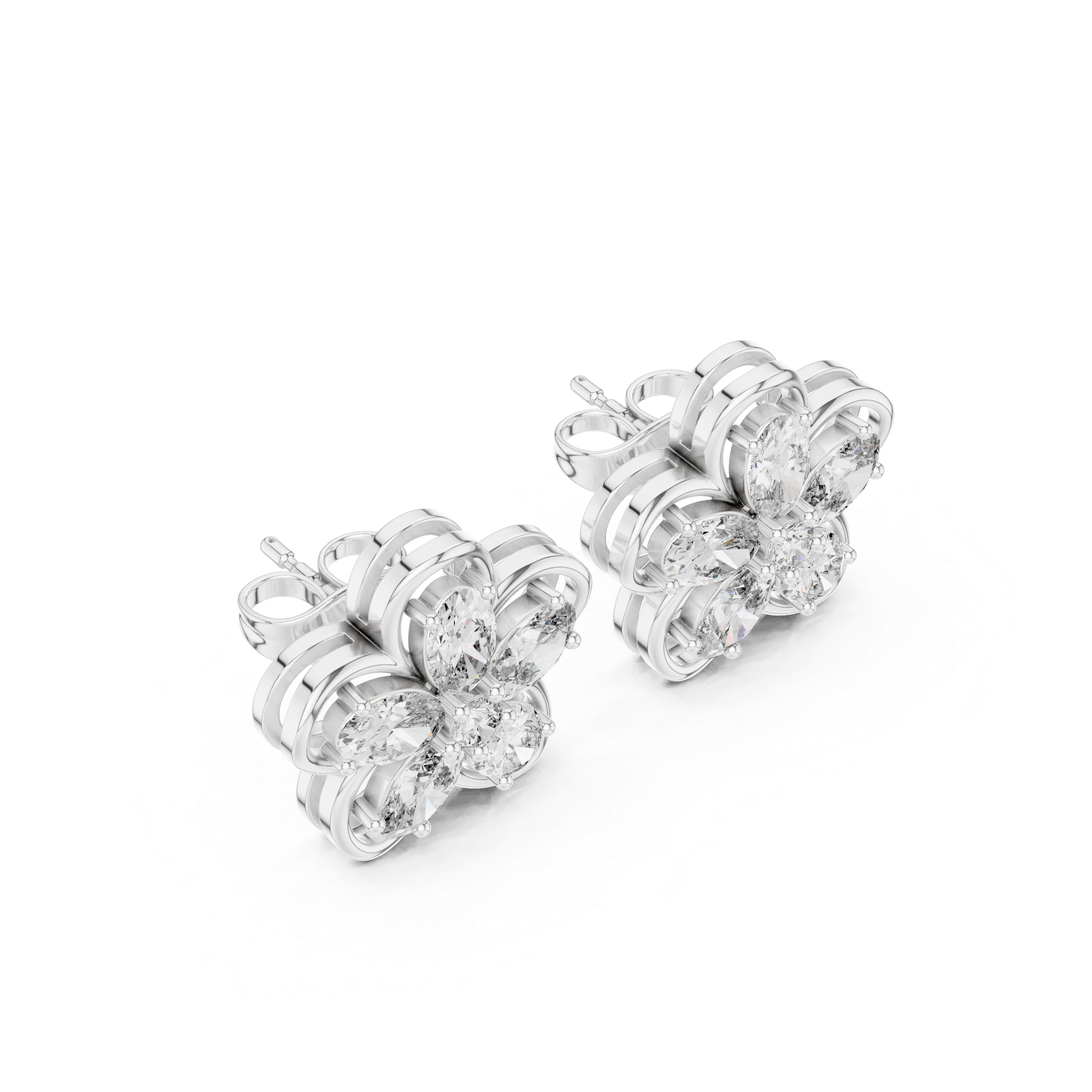 Oval Petal Floral Diamond Stud Earrings in Gold