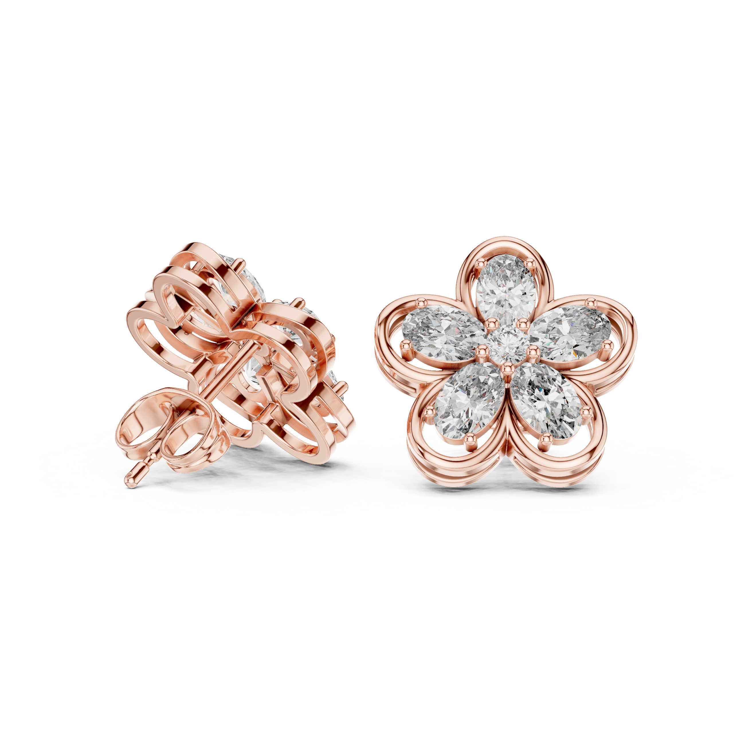 Oval Petal Floral Diamond Stud Earrings in Gold
