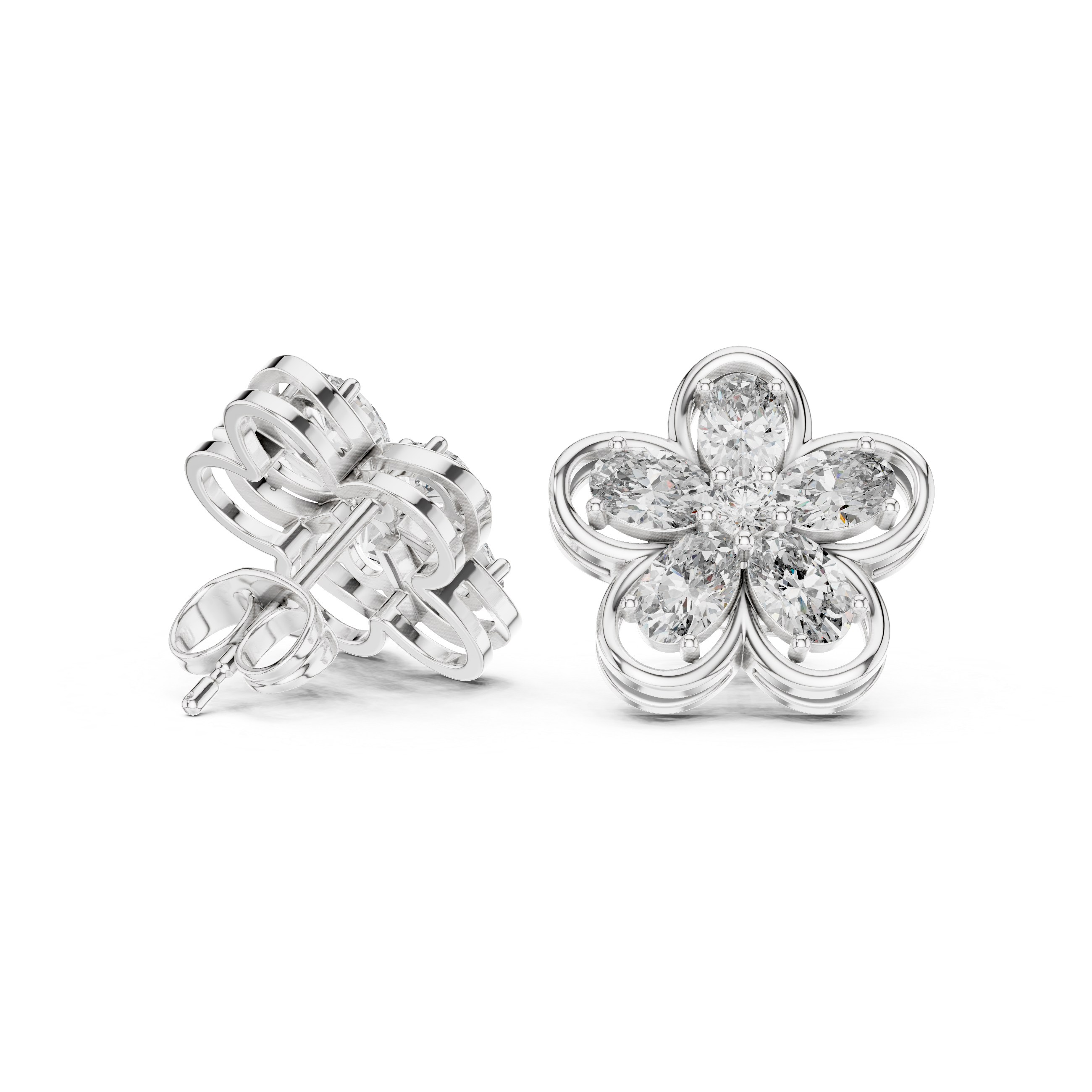 Oval Petal Floral Diamond Stud Earrings in Gold