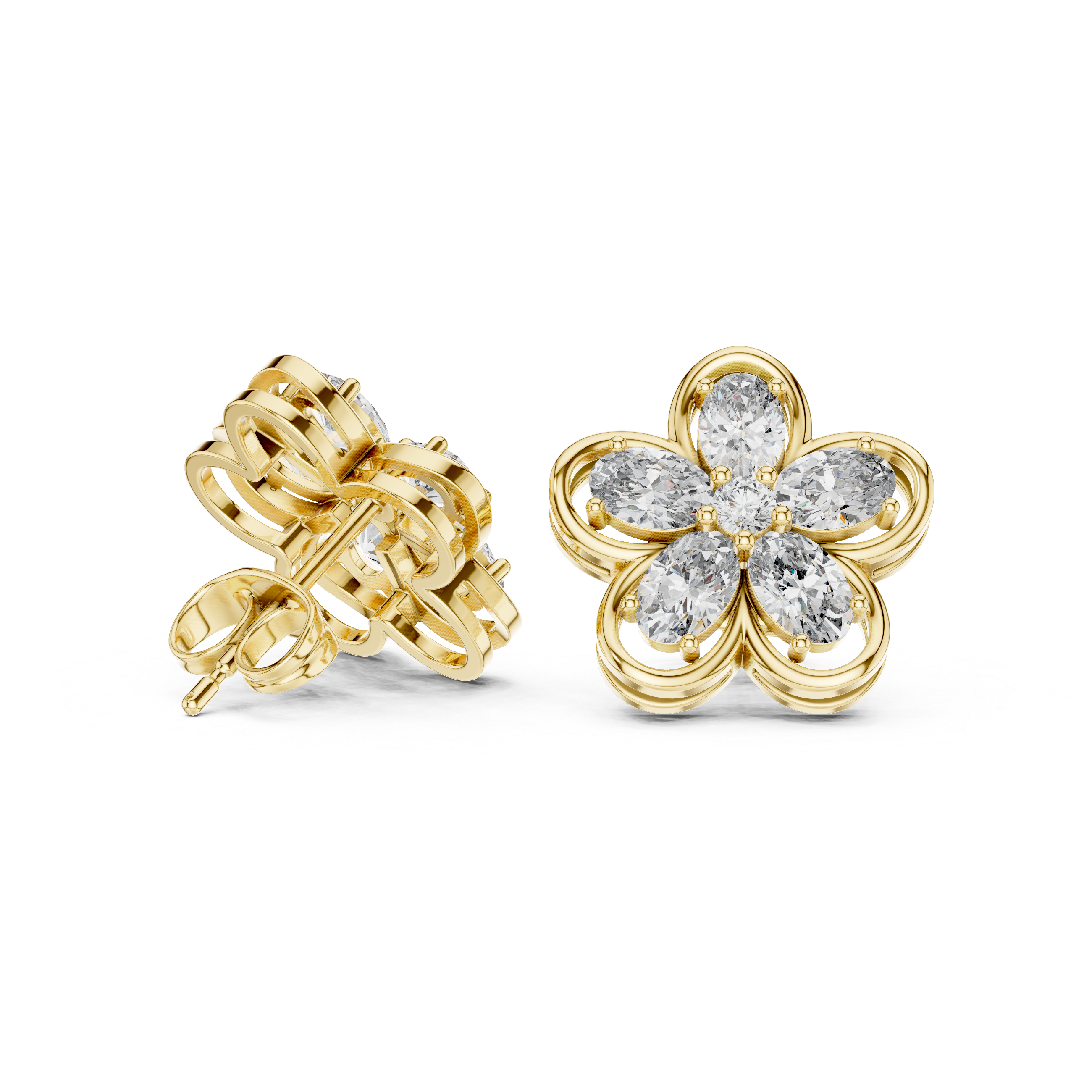 Oval Petal Floral Diamond Stud Earrings in Gold
