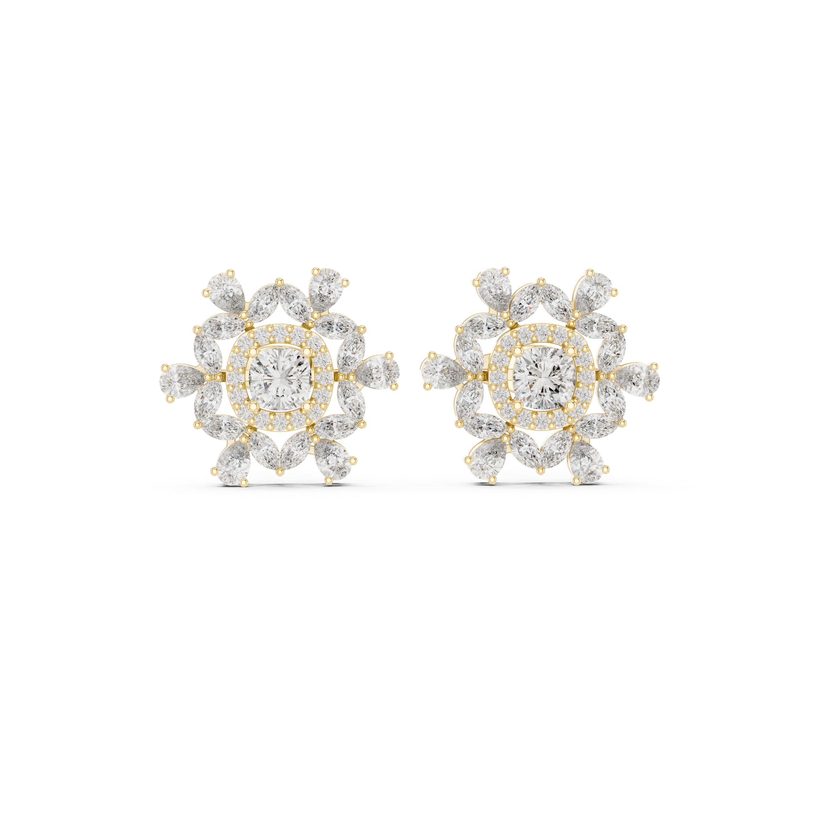 Sunburst Halo Cluster Diamond Stud Earrings in Gold