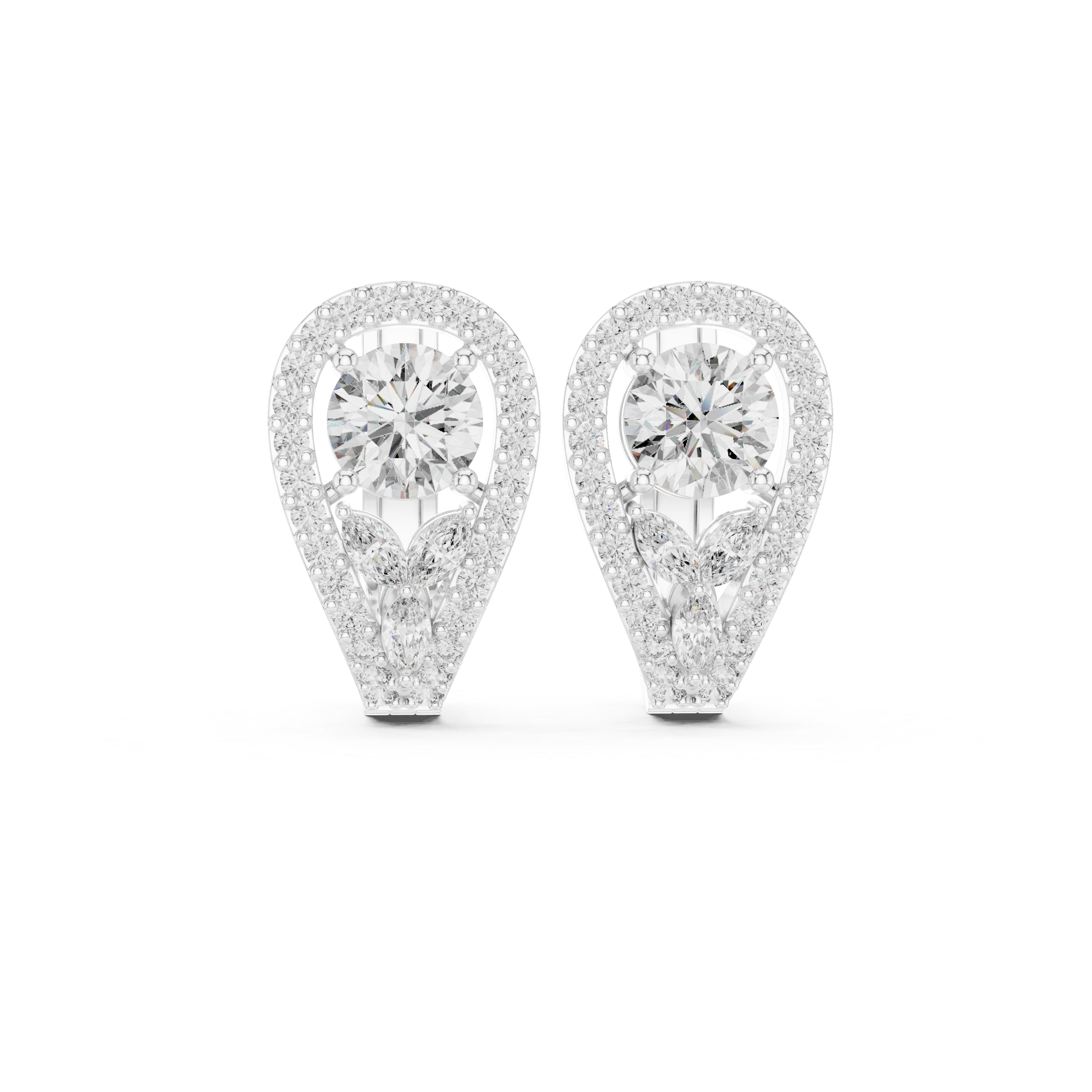 Pear Drop Halo Diamond Stud Earrings with Floral Accent Cluster