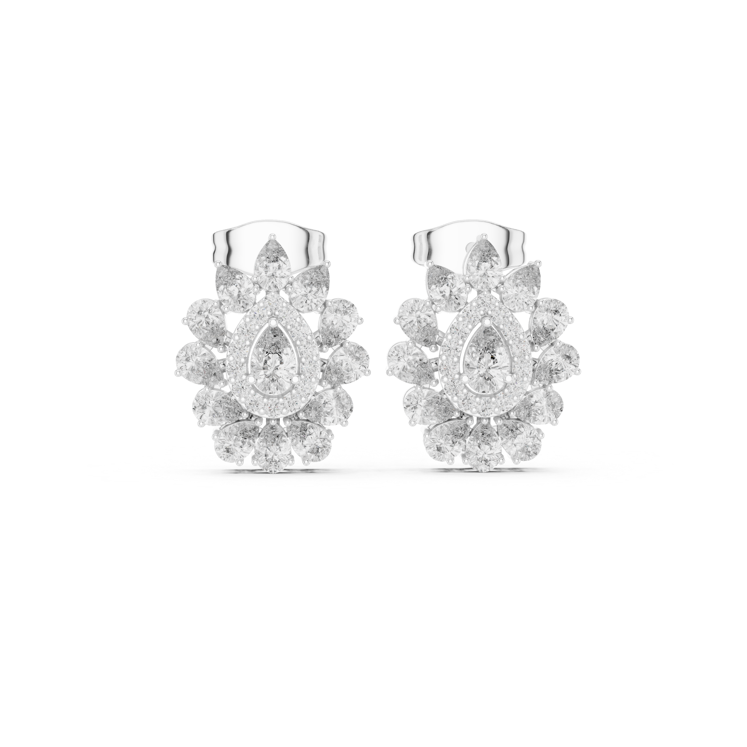 Pear Halo Floral Diamond Stud Earrings with Double Layer Cluster