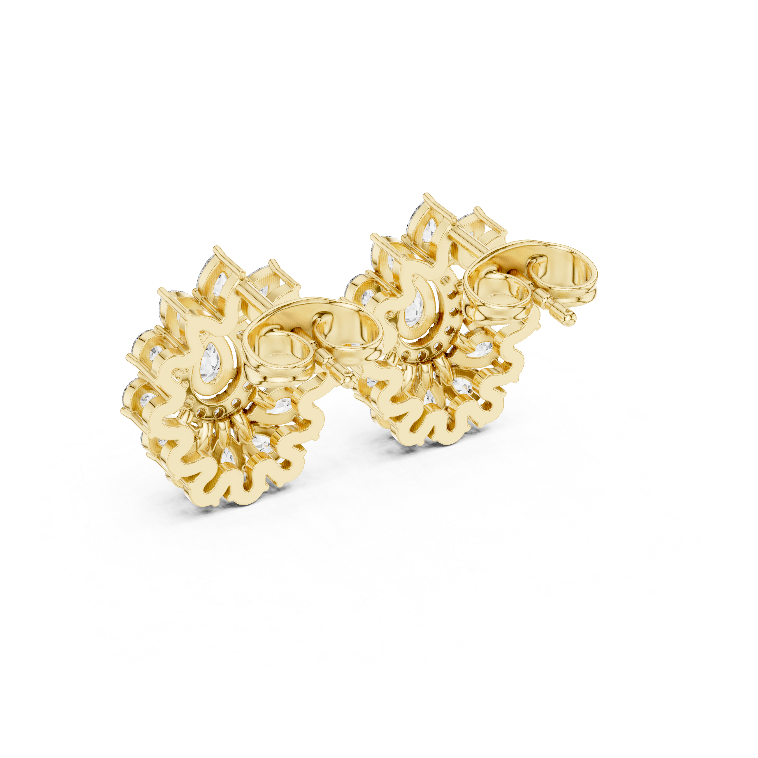 Pear Halo Floral Diamond Stud Earrings with Double Layer Cluster