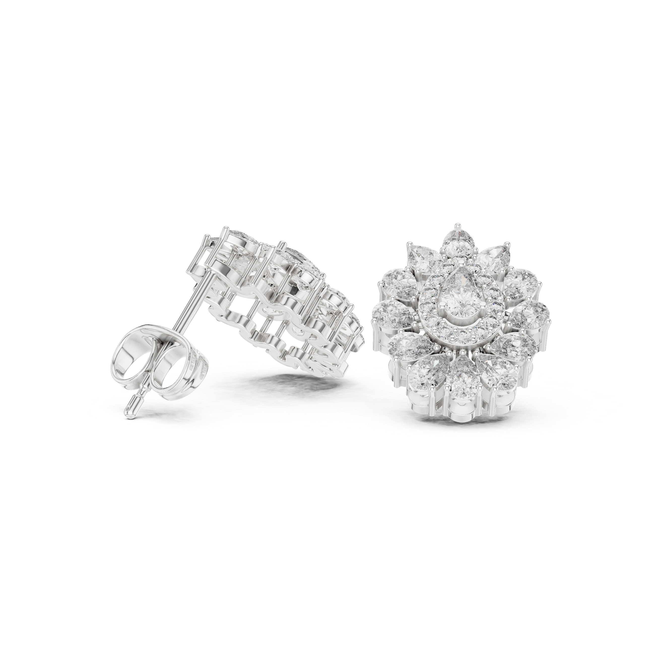 Pear Halo Floral Diamond Stud Earrings with Double Layer Cluster