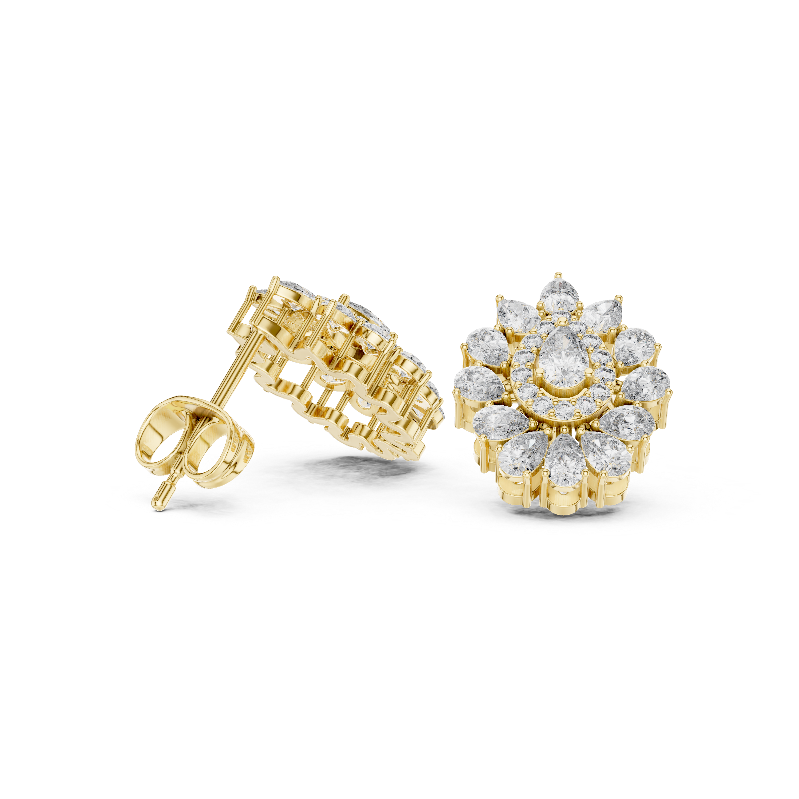 Pear Halo Floral Diamond Stud Earrings with Double Layer Cluster