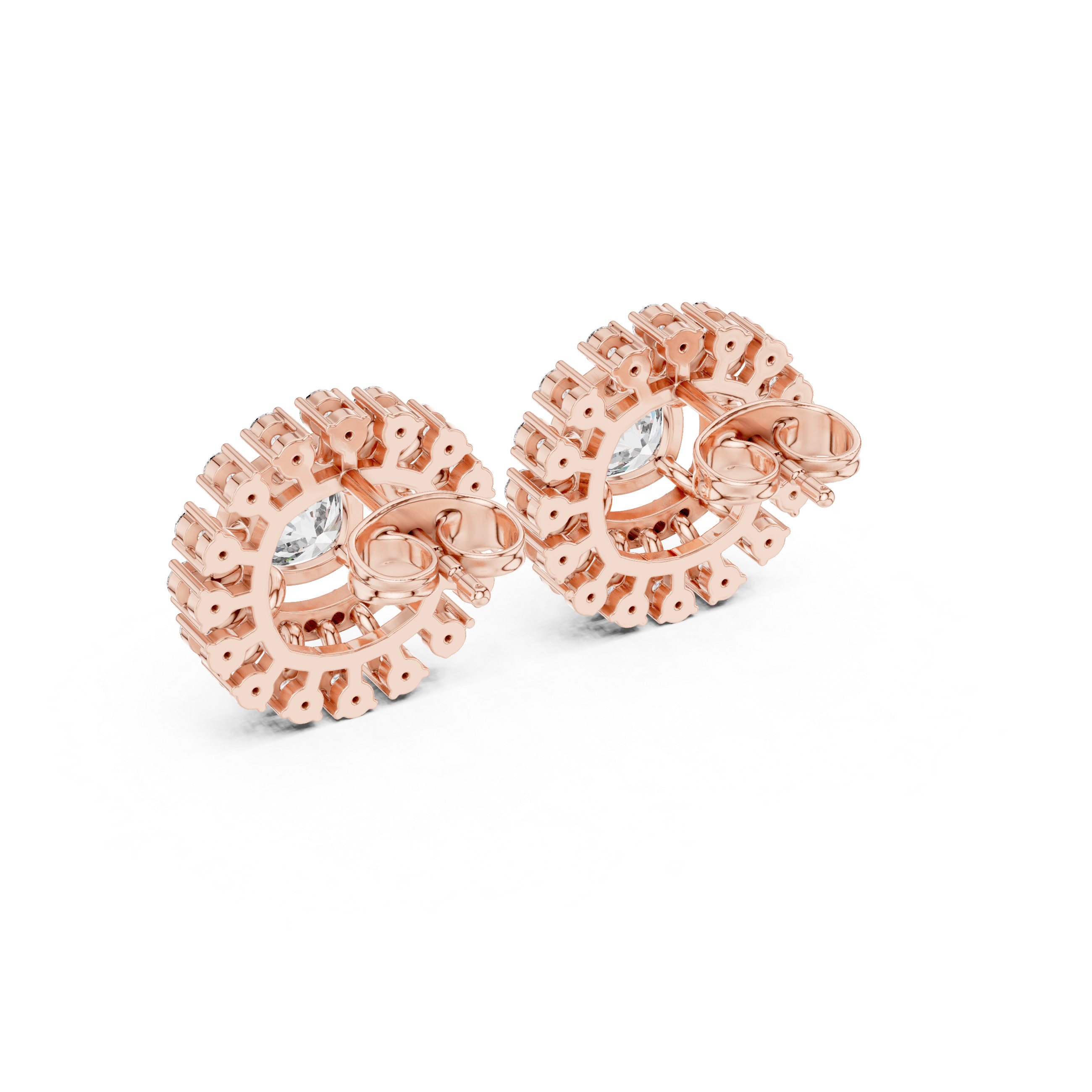 Cushion Halo Sunburst Diamond Stud Earrings with Double Pavé Frame