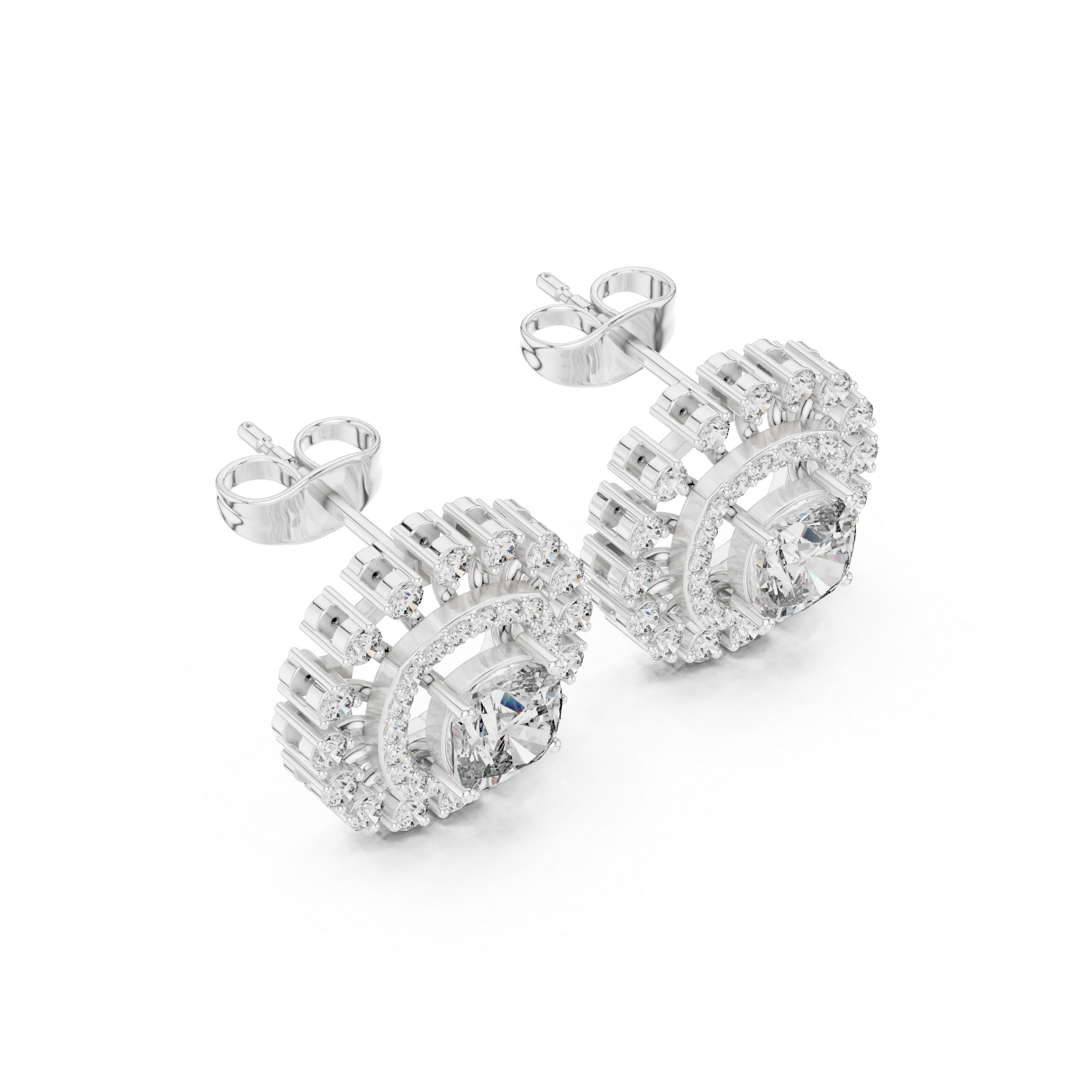 Cushion Halo Sunburst Diamond Stud Earrings with Double Pavé Frame