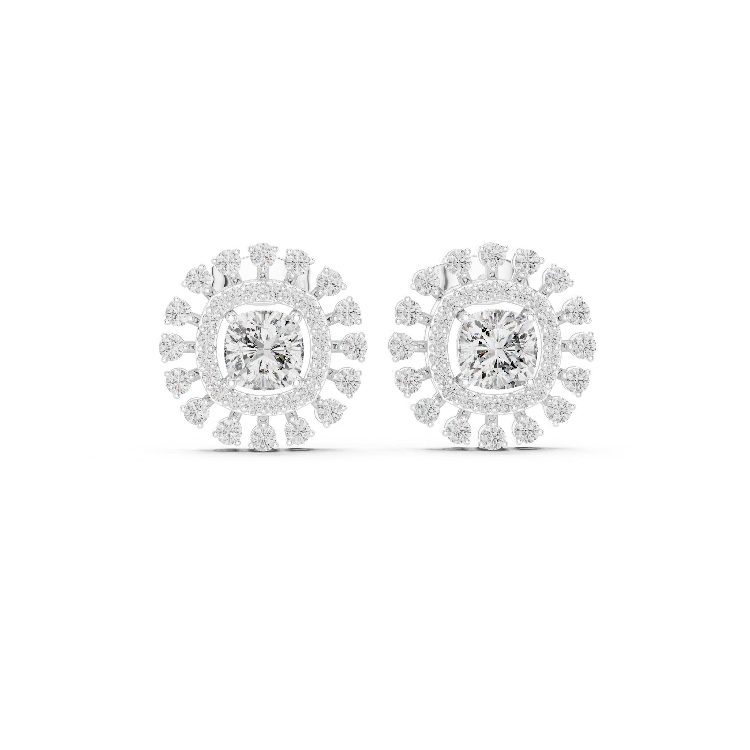 Cushion Halo Sunburst Diamond Stud Earrings with Double Pavé Frame