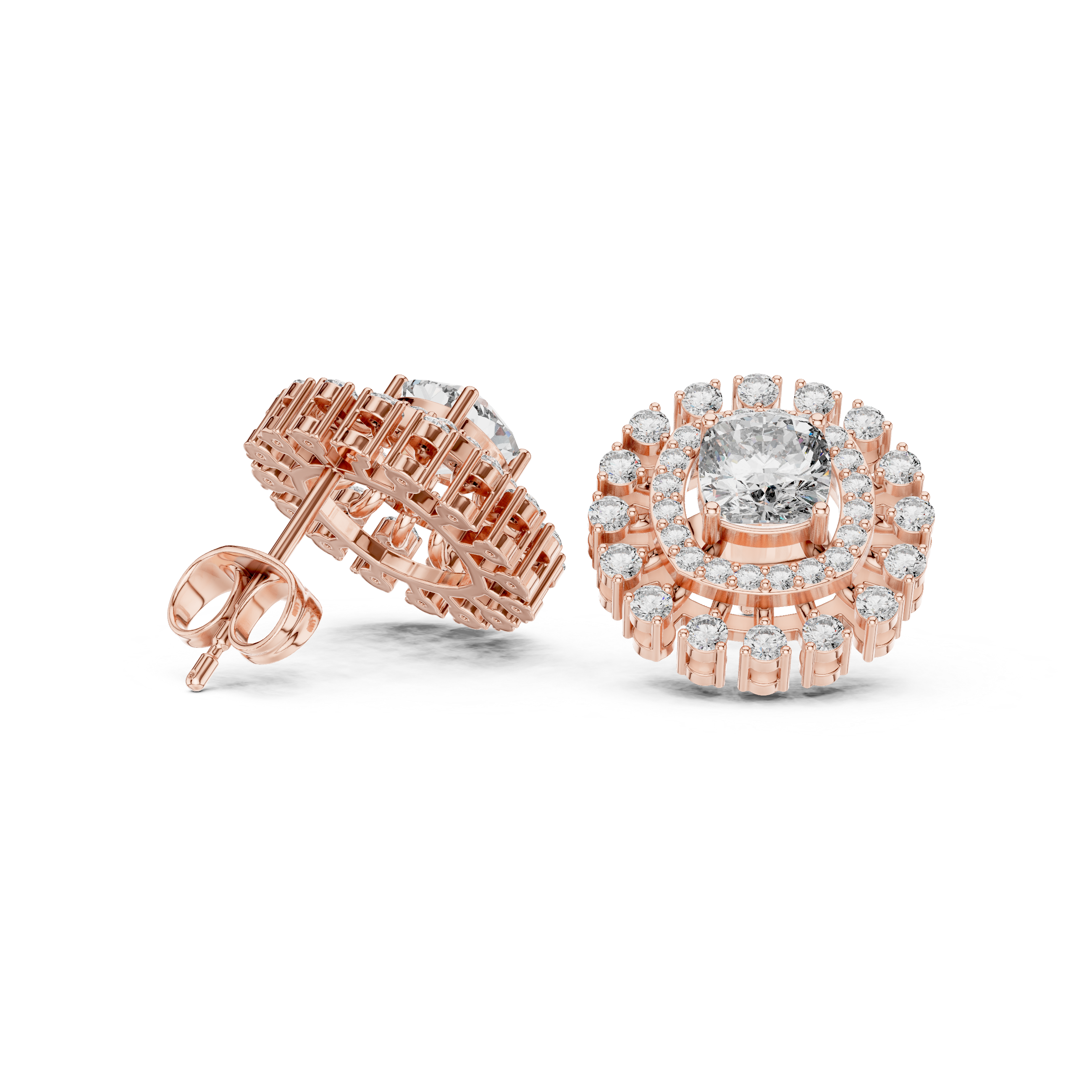 Cushion Halo Sunburst Diamond Stud Earrings with Double Pavé Frame