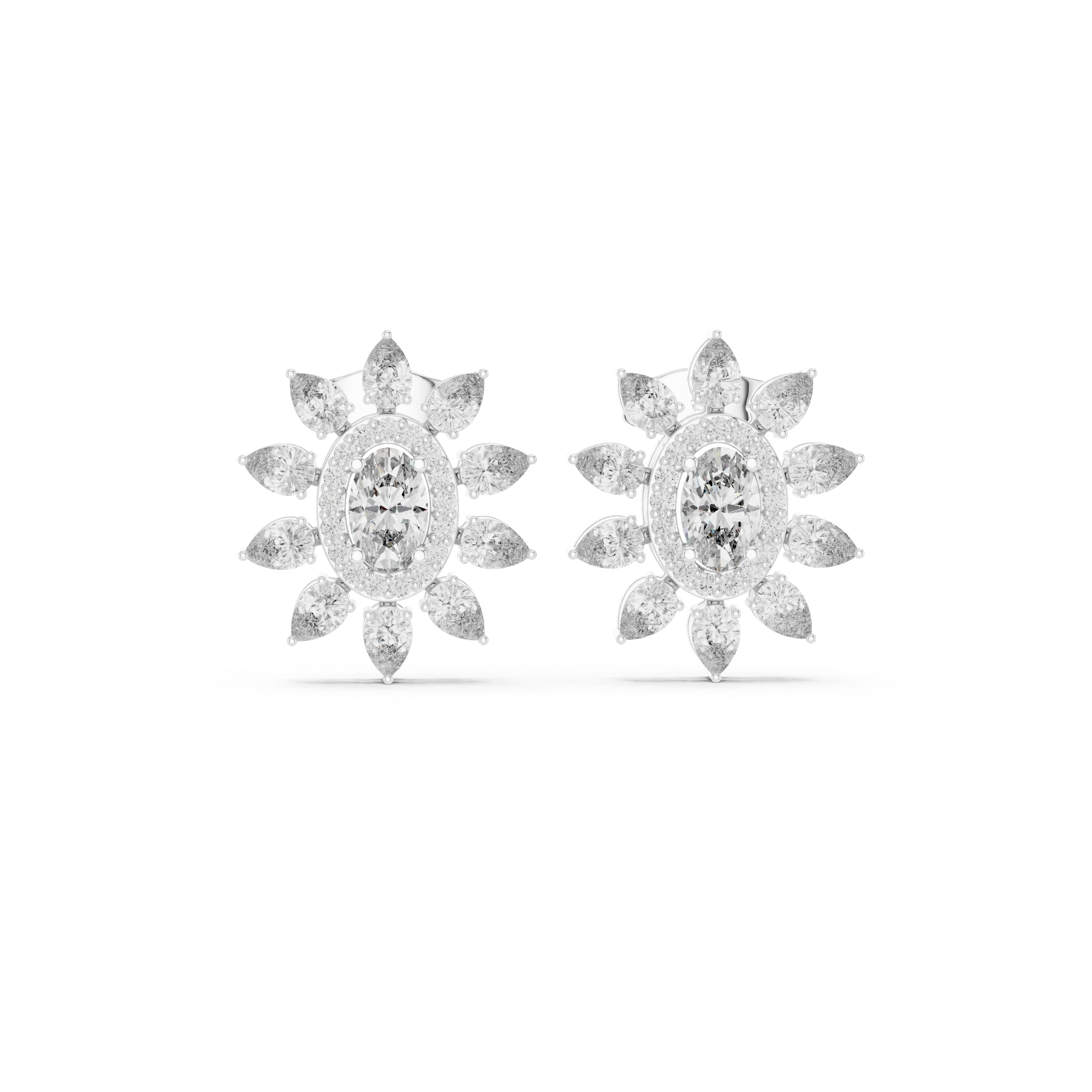 Oval Halo Floral Diamond Stud Earrings with Pear Petal Cluster