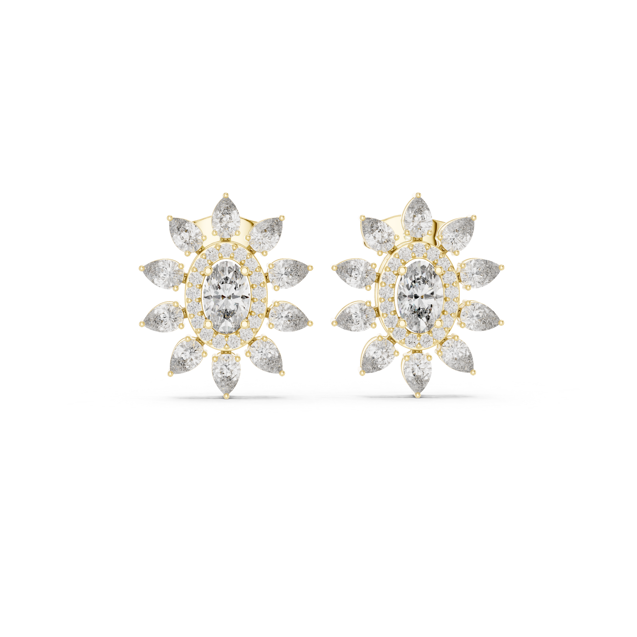 Oval Halo Floral Diamond Stud Earrings with Pear Petal Cluster