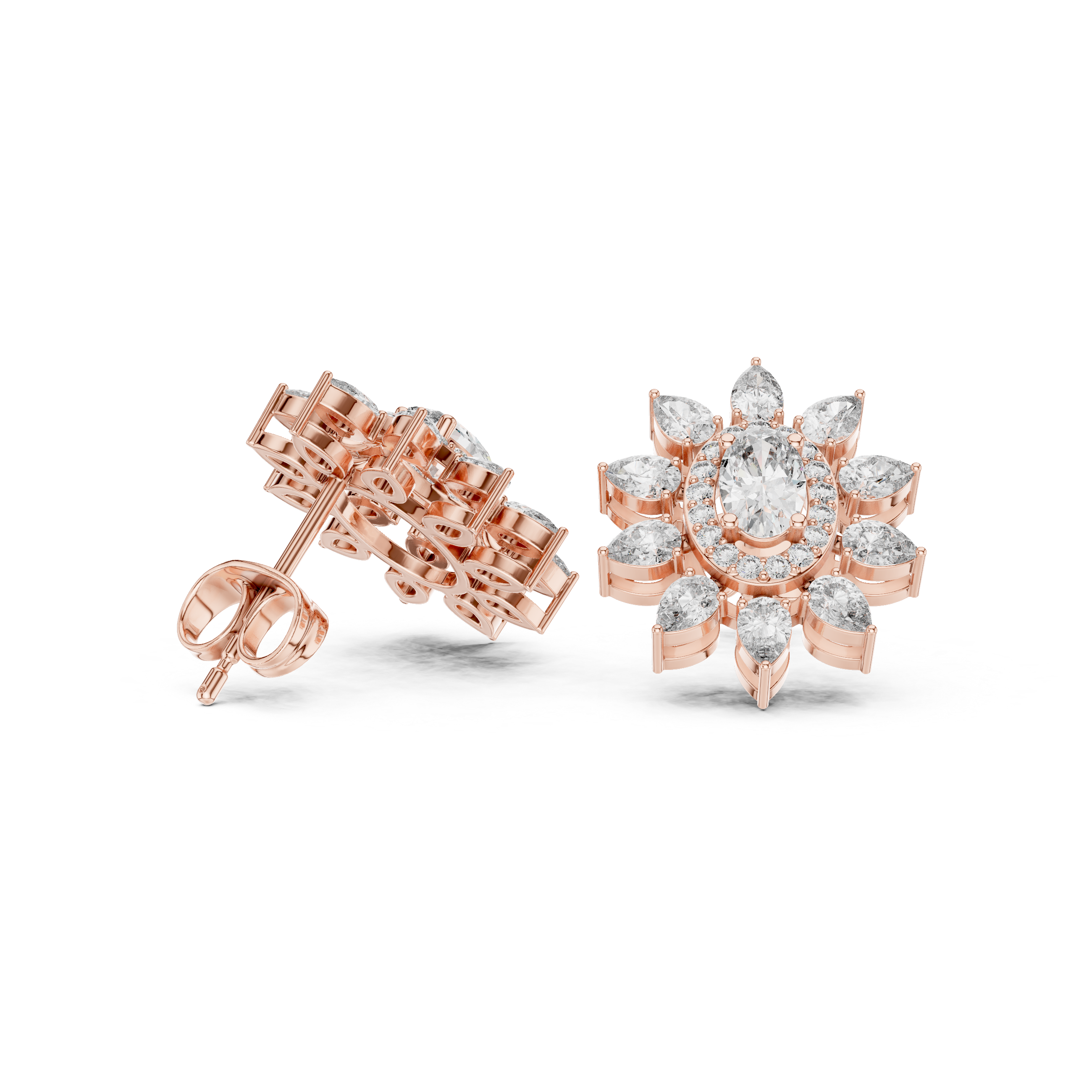 Oval Halo Floral Diamond Stud Earrings with Pear Petal Cluster
