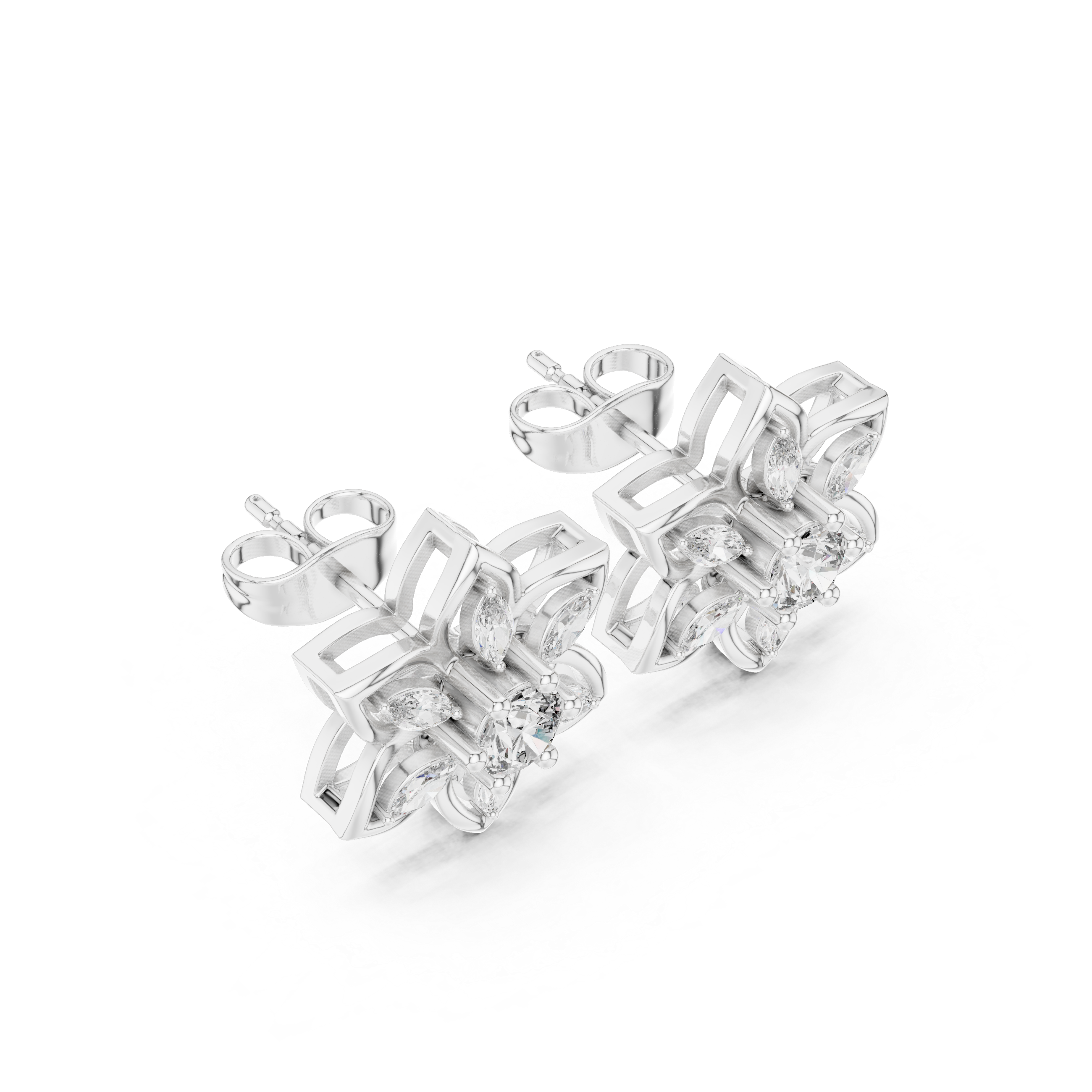 Floral Diamond Cluster Stud Earrings – Marquise & Round Petal Design