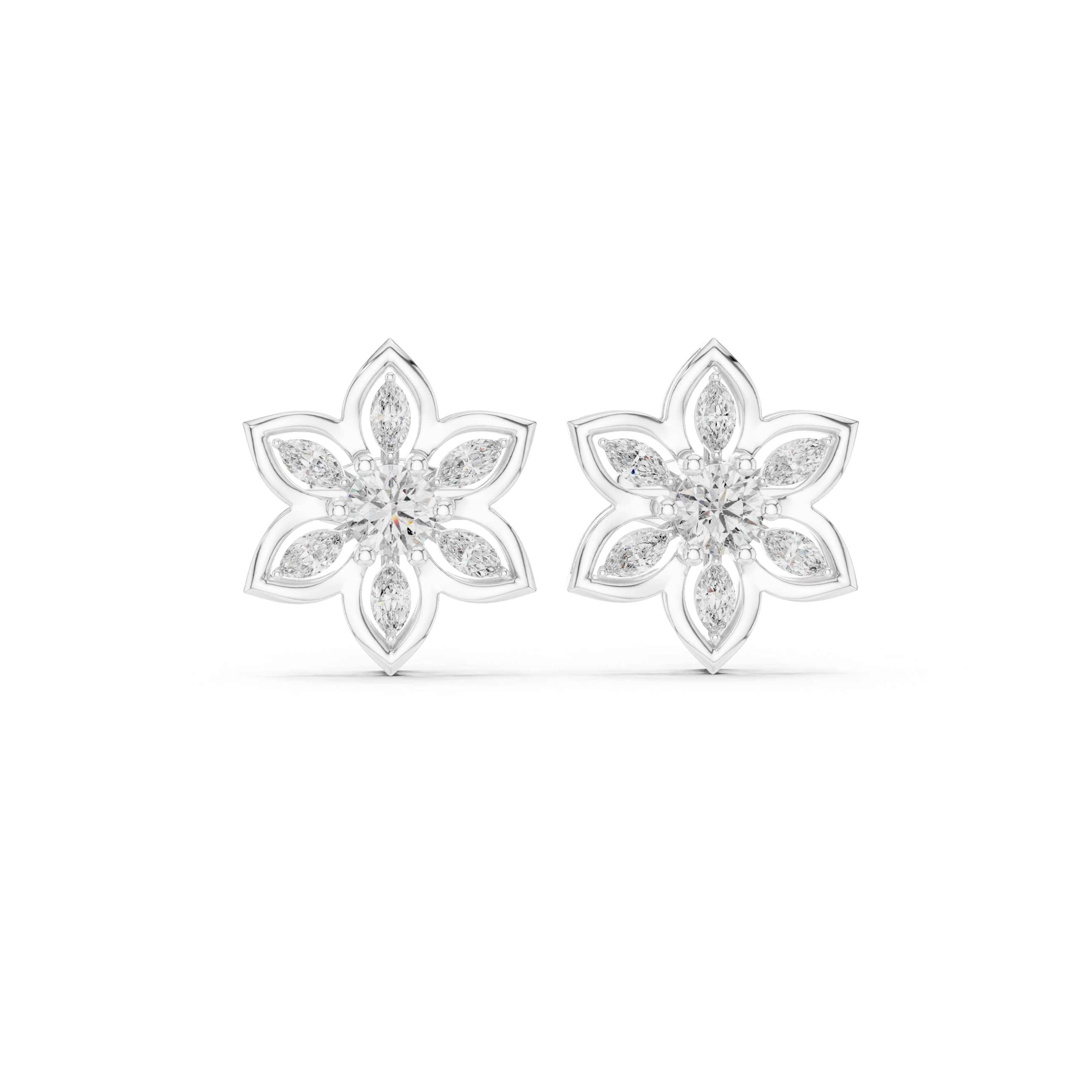 Floral Diamond Cluster Stud Earrings – Marquise & Round Petal Design