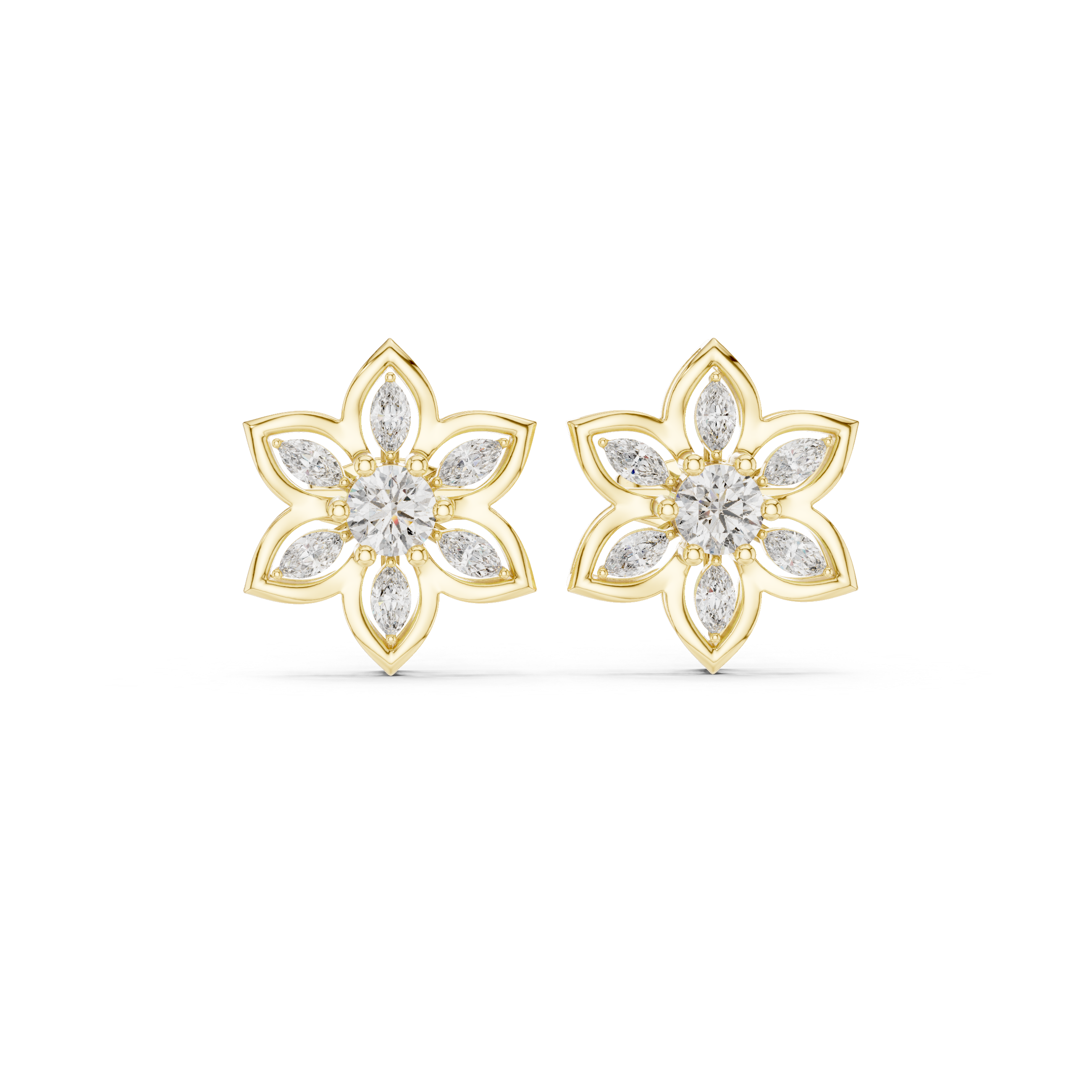 Floral Diamond Cluster Stud Earrings – Marquise & Round Petal Design