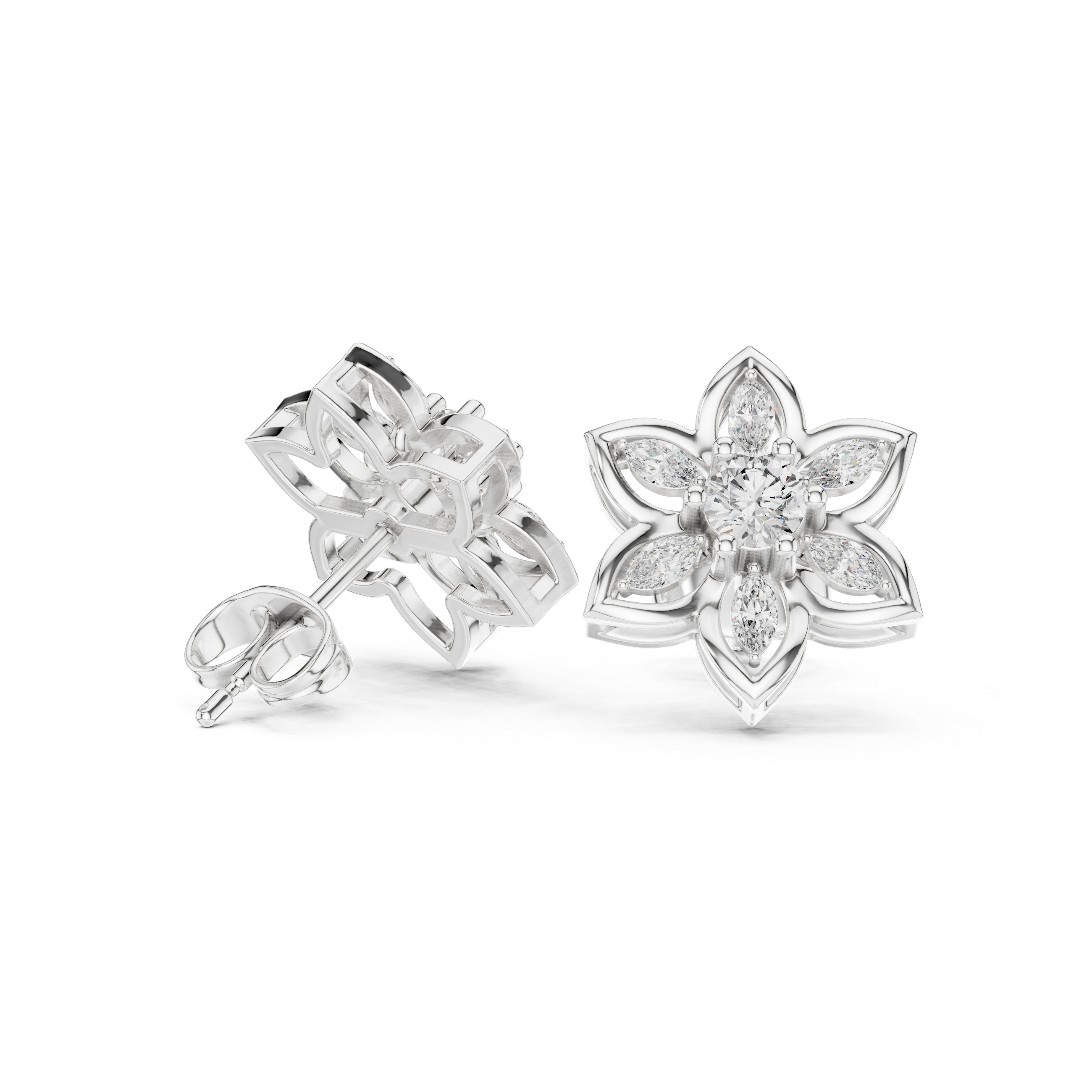 Floral Diamond Cluster Stud Earrings – Marquise & Round Petal Design