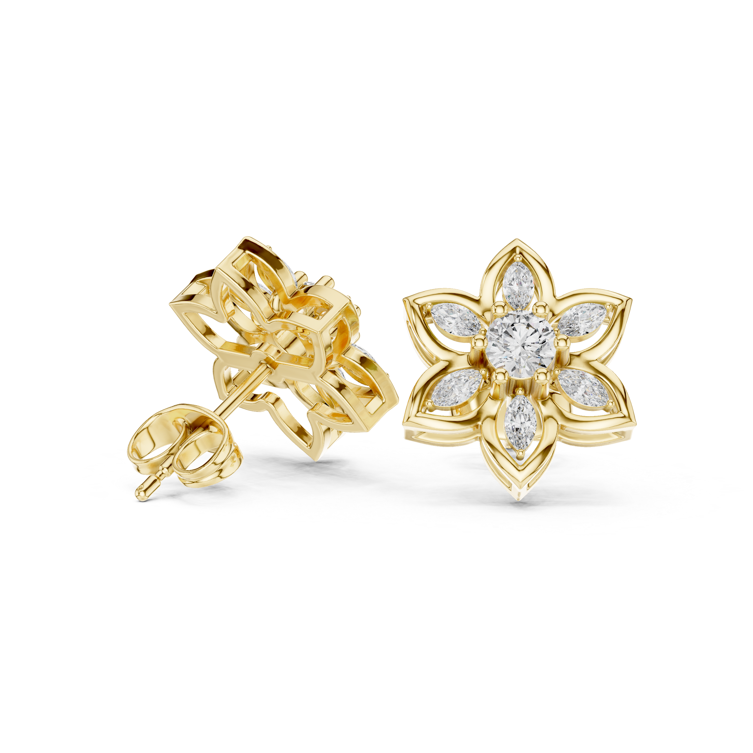 Floral Diamond Cluster Stud Earrings – Marquise & Round Petal Design