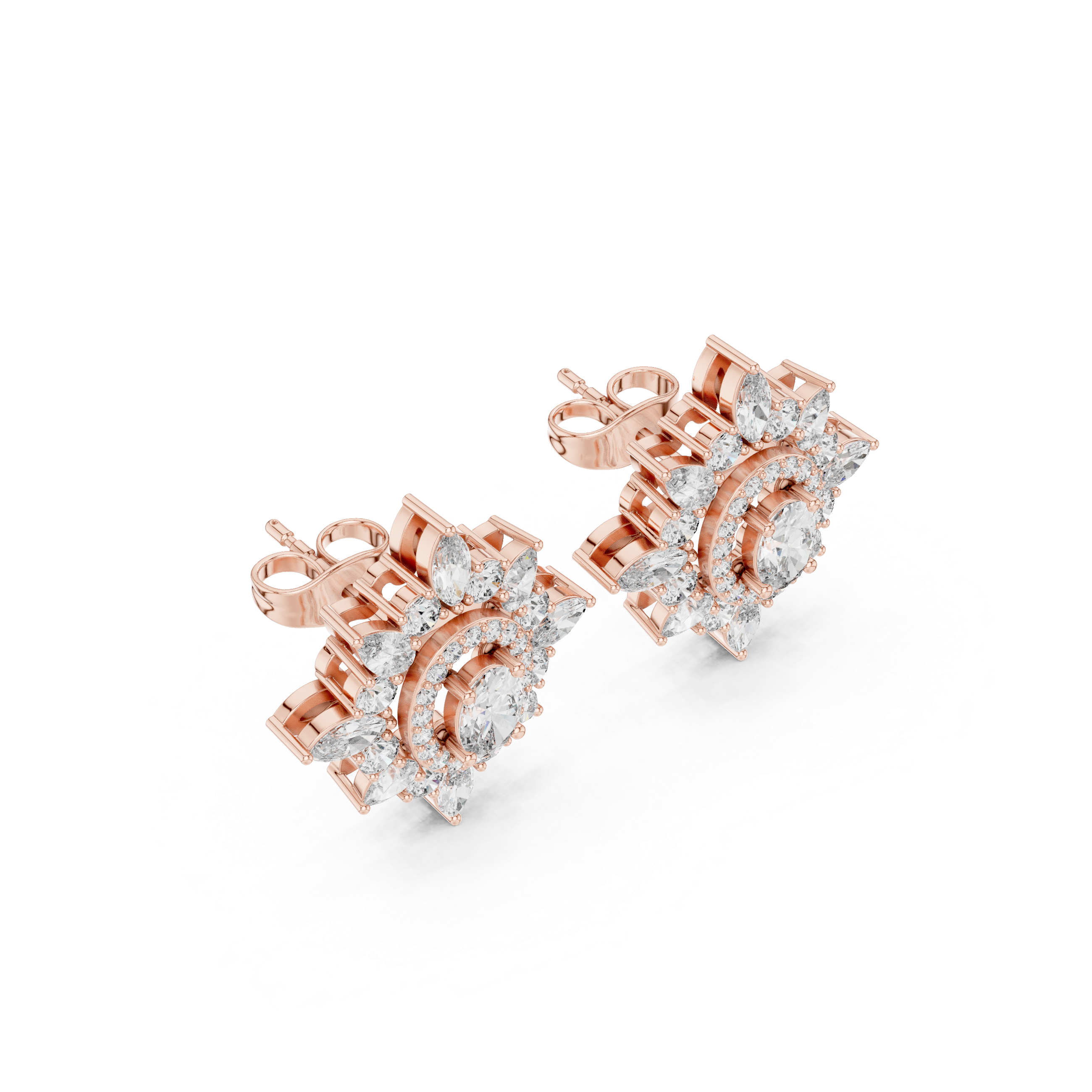 Vintage Halo Floral Diamond Stud Earrings with Oval Center