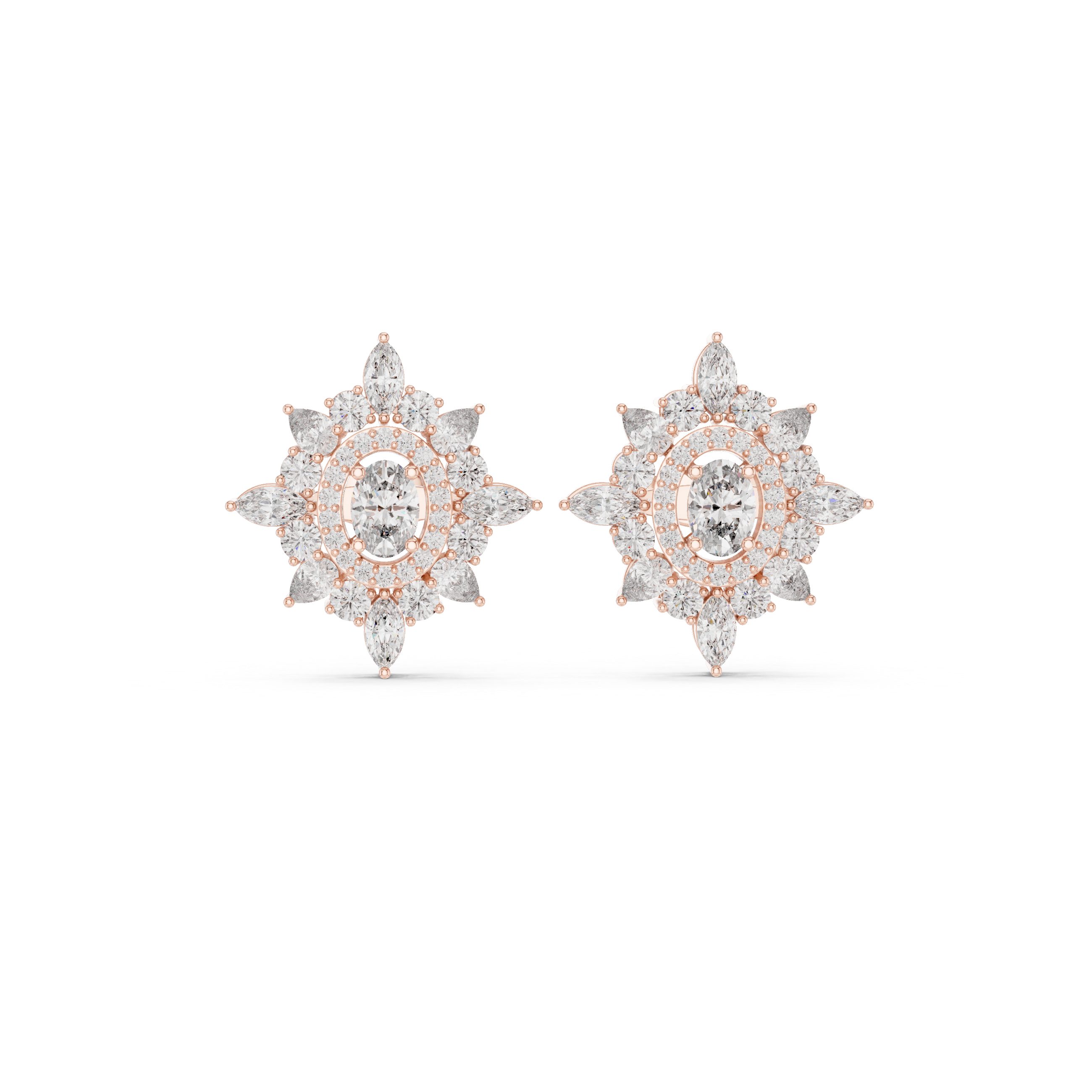 Vintage Halo Floral Diamond Stud Earrings with Oval Center