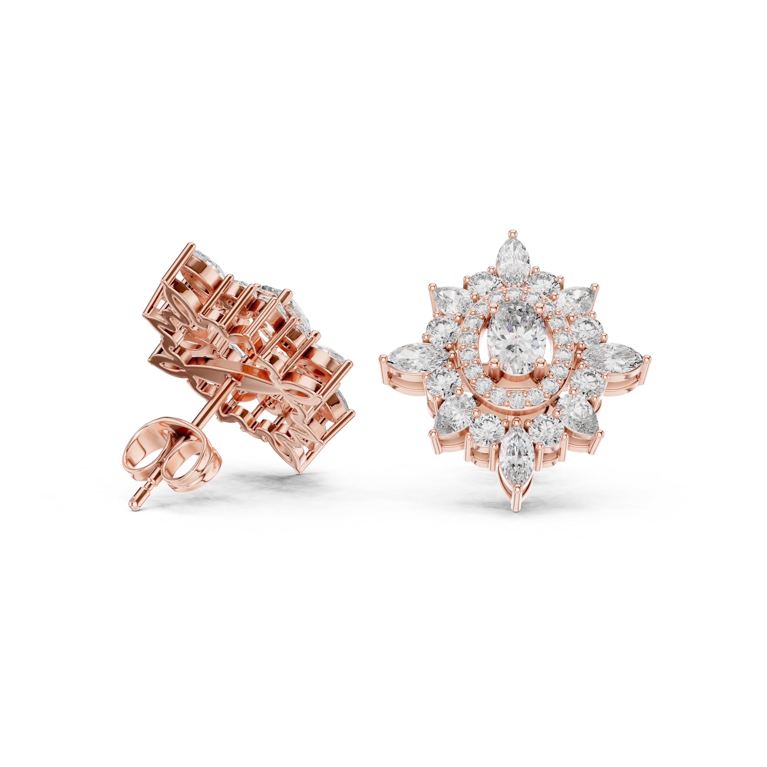 Vintage Halo Floral Diamond Stud Earrings with Oval Center