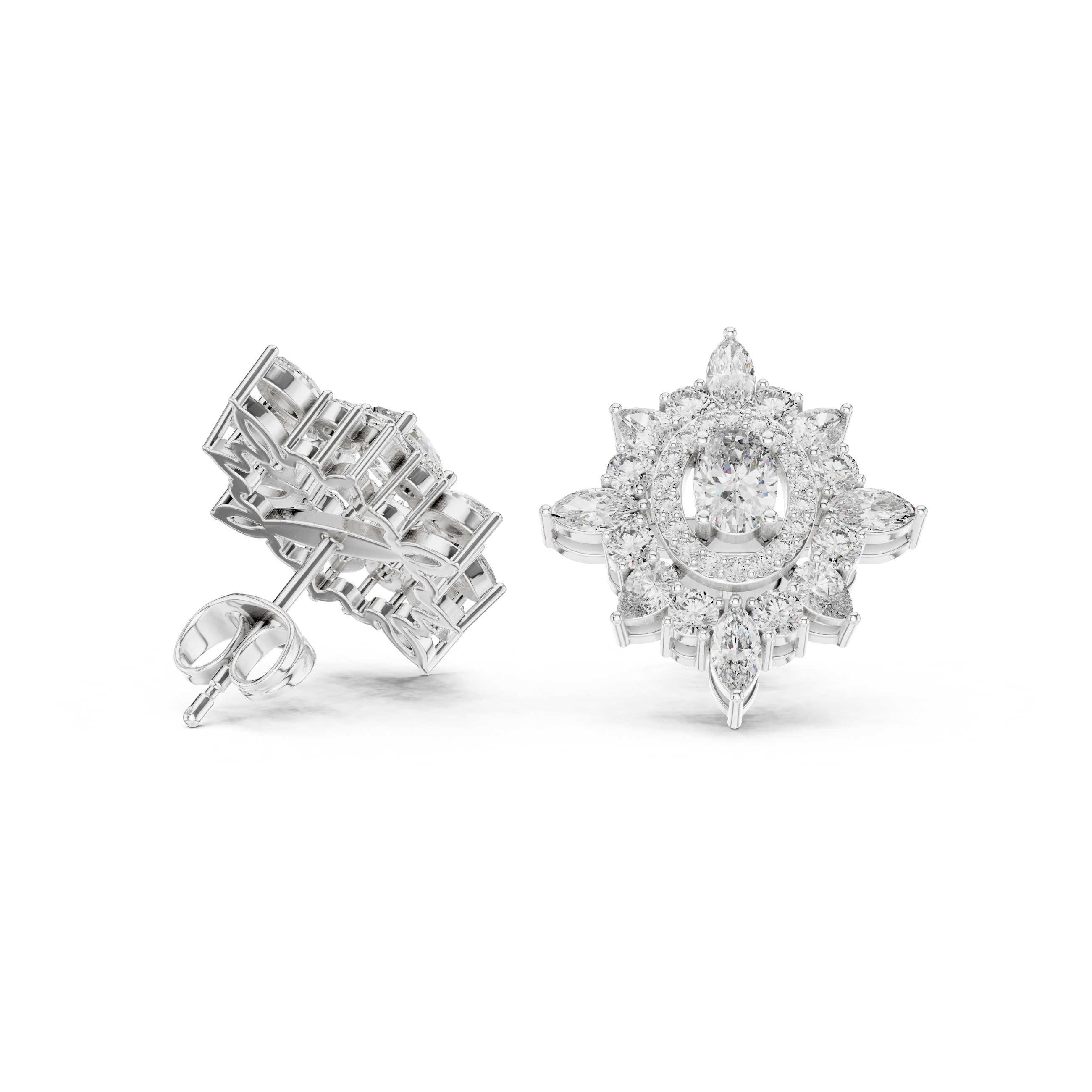 Vintage Halo Floral Diamond Stud Earrings with Oval Center
