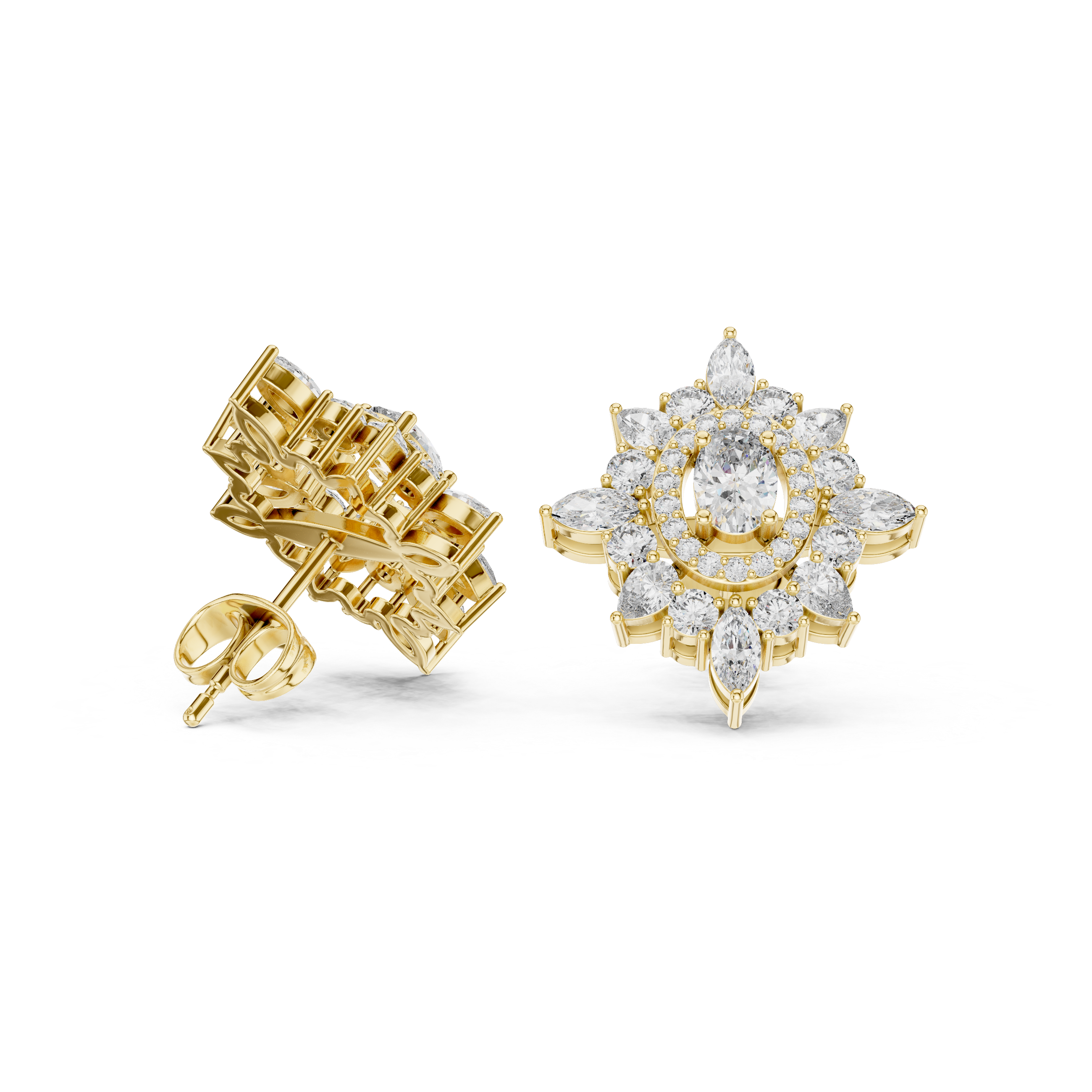 Vintage Halo Floral Diamond Stud Earrings with Oval Center